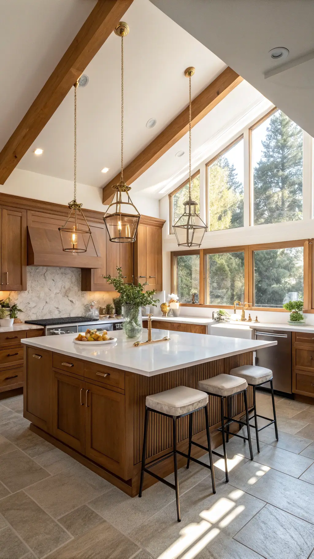 Bright kitchen featuring warm honey-brown Shaker cabinets, white quartz countertops, brass fixtures, pendant lighting, and a central island with leather stools, accented by eucalyptus in white ceramic vases.