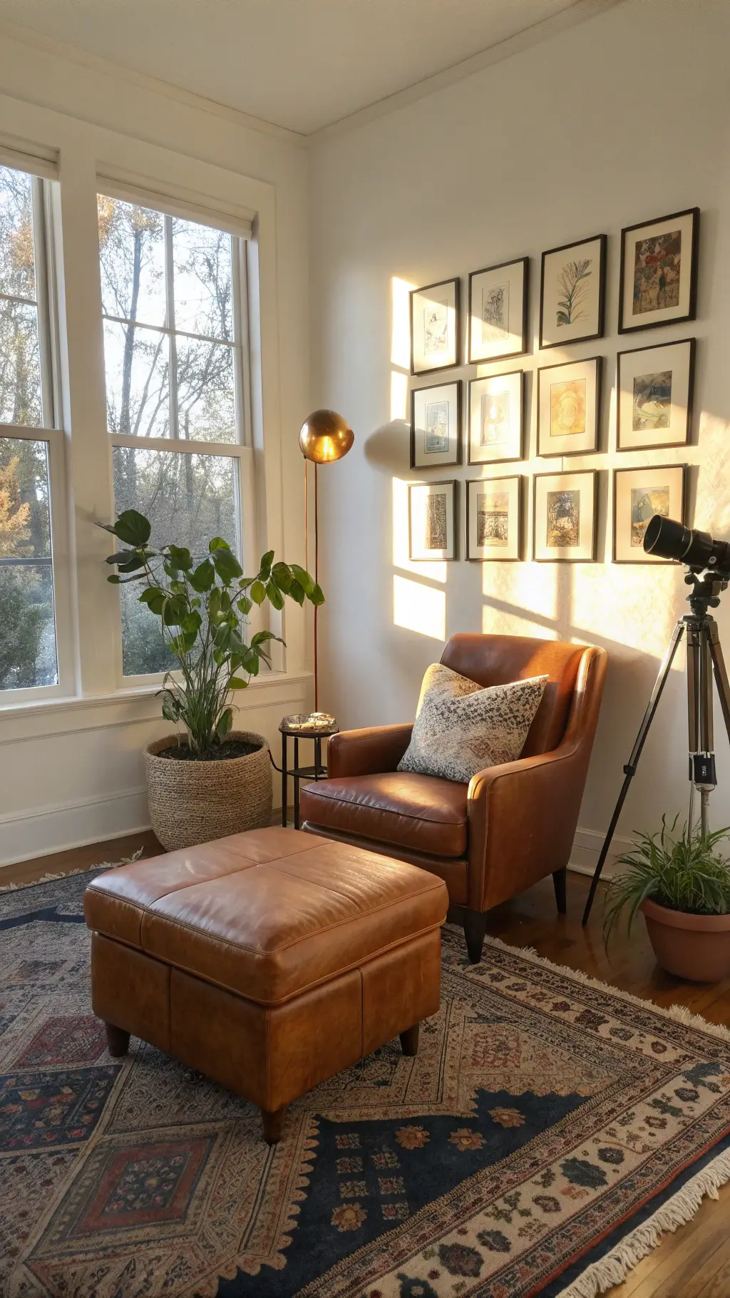 golden hour sunlight illuminating a cozy 12x14ft living room with tall windows, vintage leather armchair, modern storage ottoman, white walls decorated gallery of brass-framed postcards and botanical prints, layered persian-style rugs, textural decor elements like throws, velvet pillows, monstera plant.