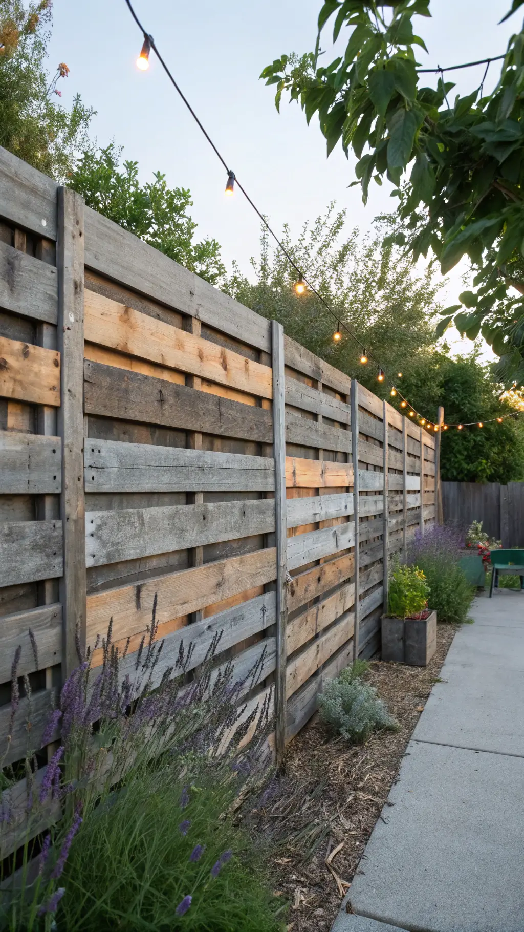 rustic pallet fence privacy screen at golden hour, featuring weathered wood, climbing jasmine, draped string lights, lavender plants and vintage garden tools in the foreground, with a soft-focus background.