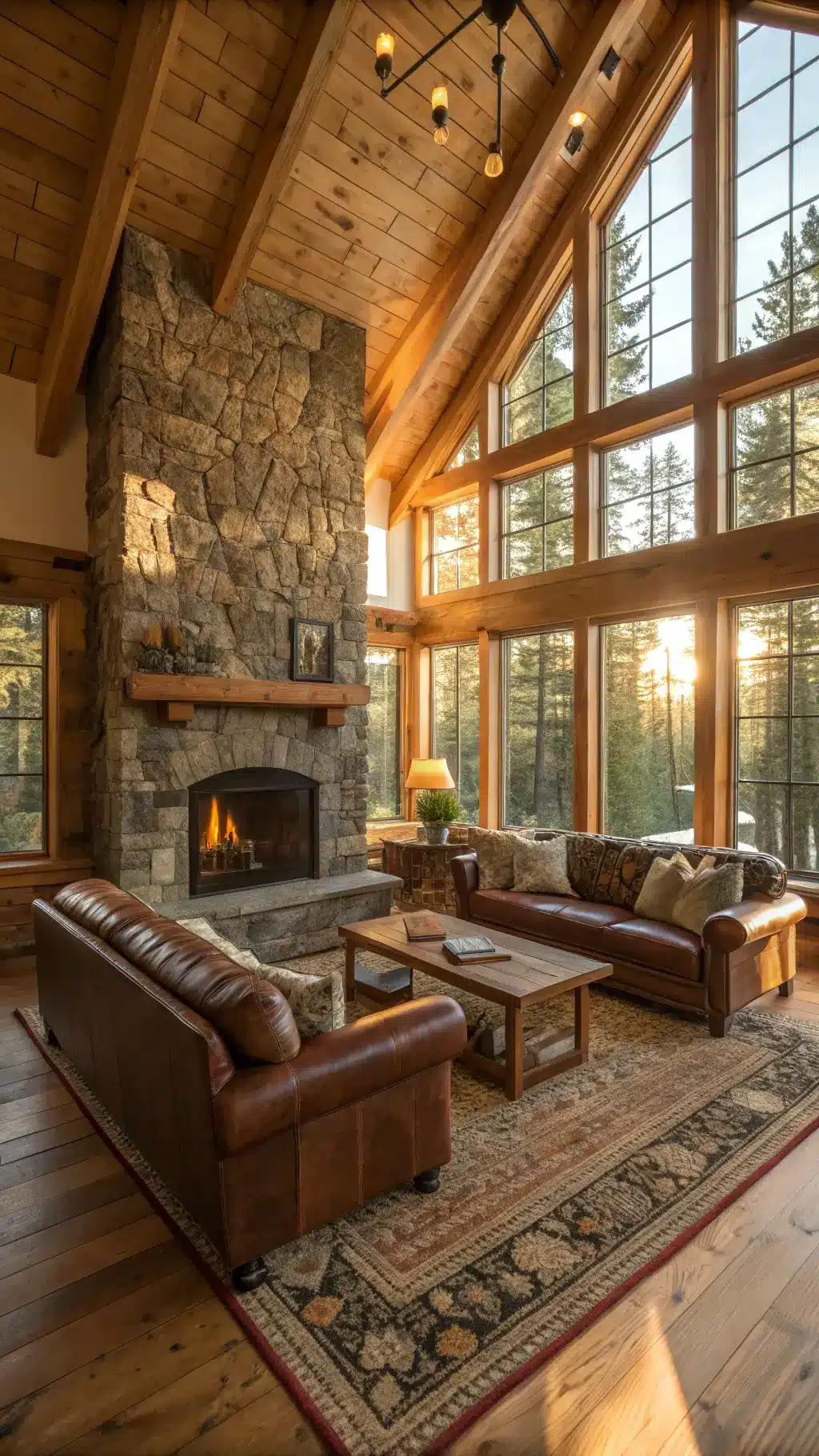 Sunlit mountain cabin living room with cathedral ceiling, exposed Douglas fir beams, and floor-to-ceiling windows. Warm golden hour light highlights a massive stone fireplace. A cognac leather Chesterfield sofa sits on a vintage wool rug, flanked by raw-edge walnut side tables. Layered textures include chunky knit throws, sheepskin pillows, and woven grass baskets. Cozy ambiance with a deep walnut, forest green, and cream color palette.