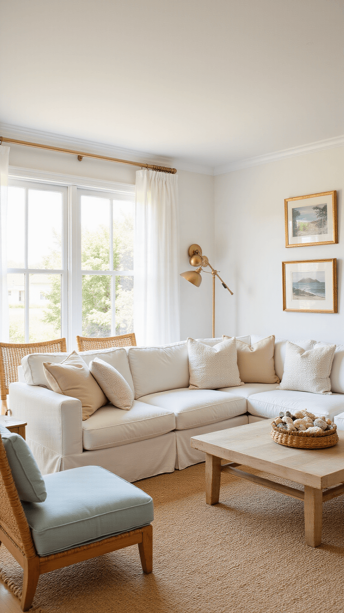 Bright coastal living room with white sectional sofa, woven chairs, natural fiber rug, and expansive windows flooding the space with sunlight.