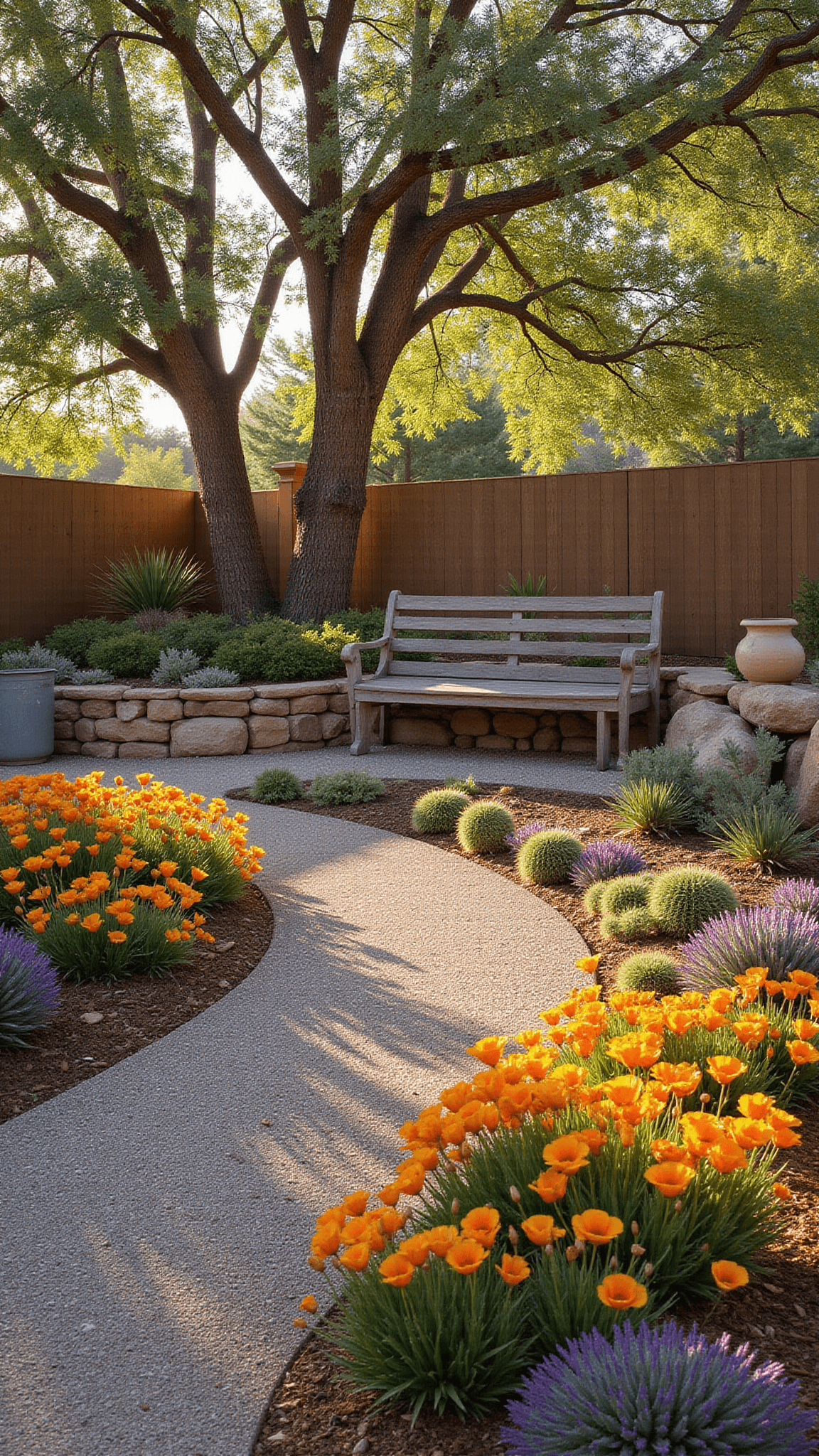 Golden hour view of a serene California courtyard garden with succulents, native poppies, rustic bench under Manzanita tree, and textured landscape features.