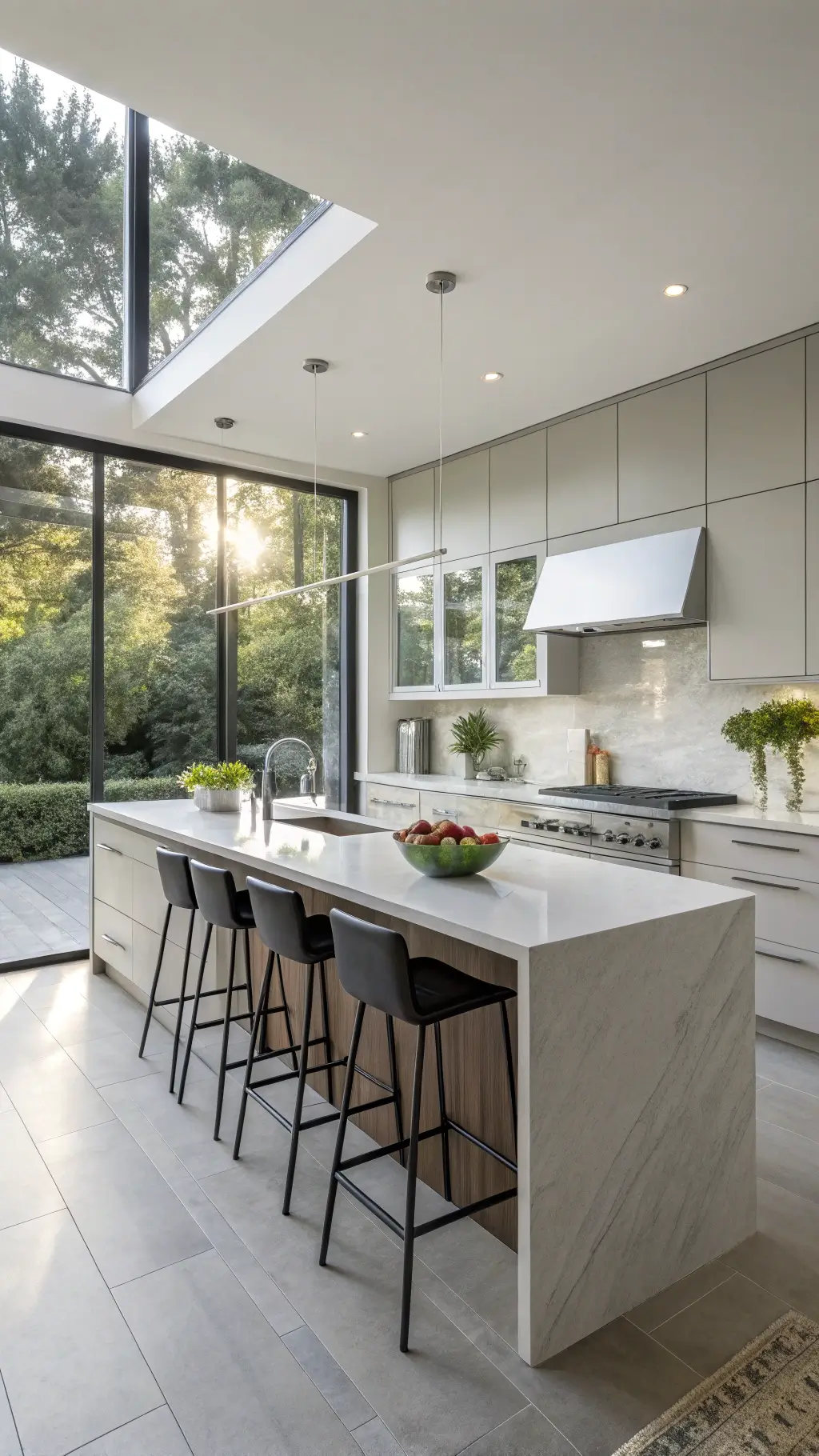 modern kitchen featuring brushed aluminum cabinets, white quartz countertops, central island with matte black stools, and fresh herbs in concrete planters, bathed in natural sunlight from floor-to-ceiling windows