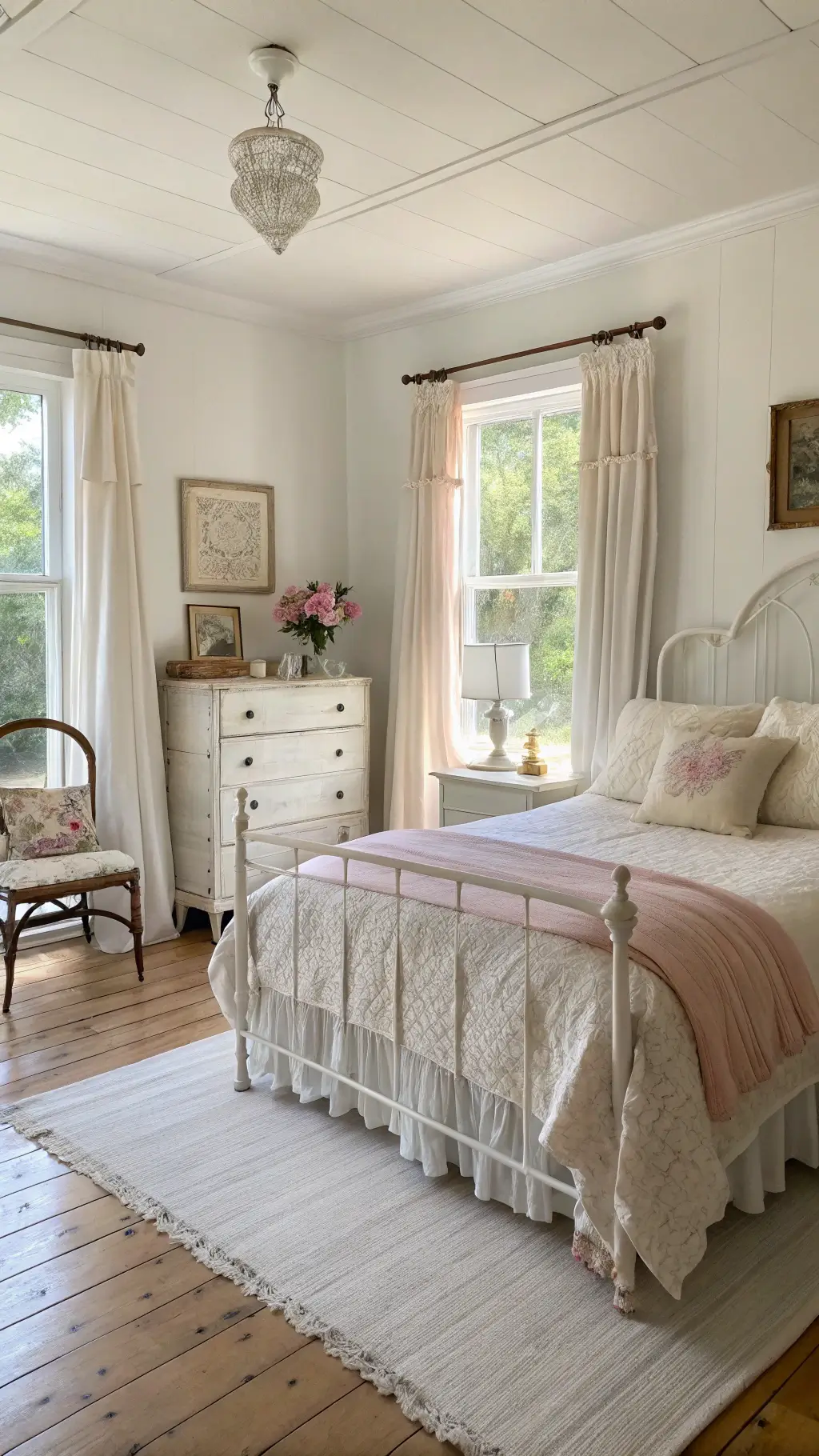 sunlit vintage bedroom with high ceilings, distressed iron bed covered in French linens, Victorian dresser, rose-filled vases, and antique books on a farmhouse chair, all atop worn pine floors.