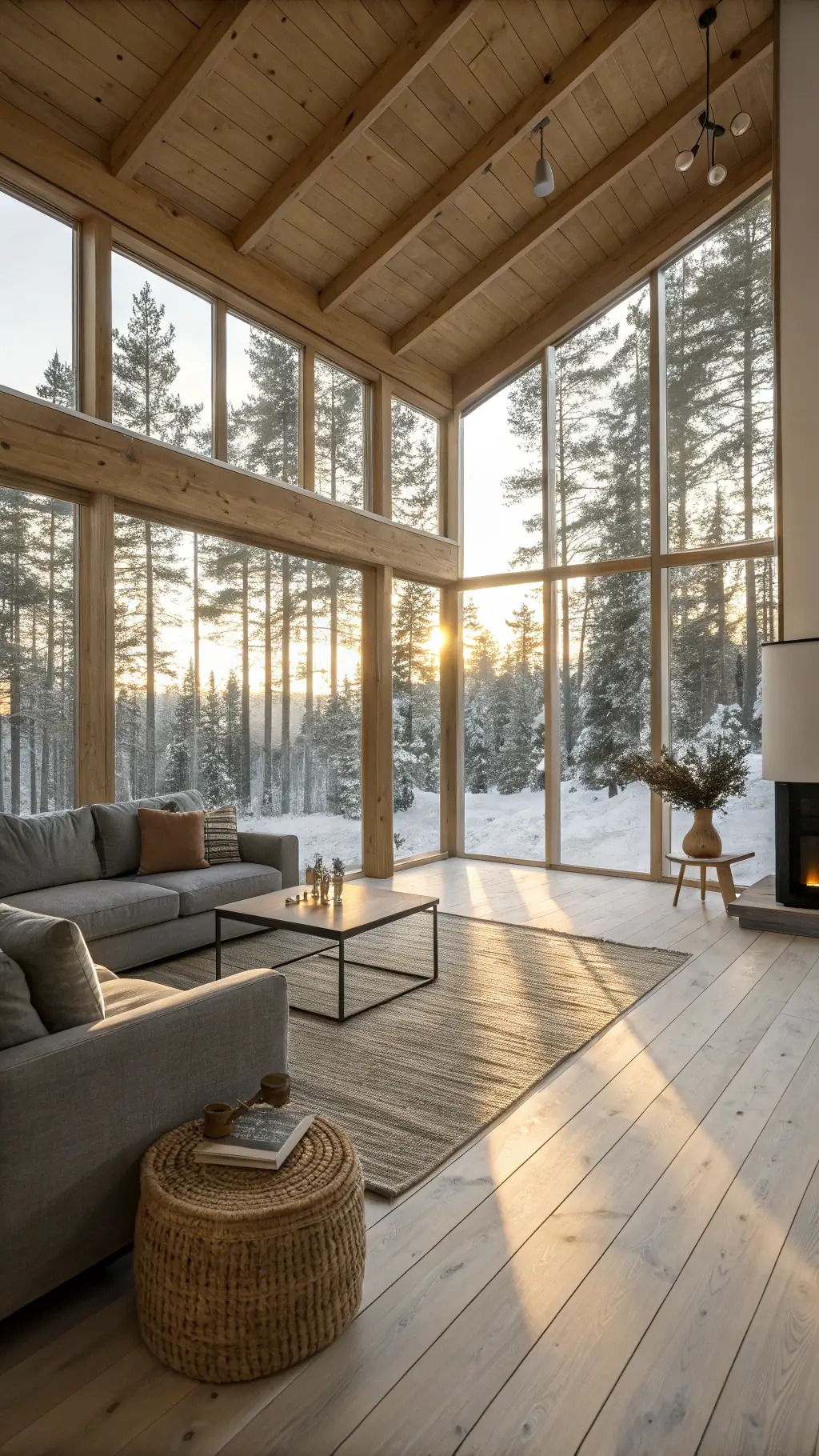 Nordic cabin living room bathed in warm natural light, featuring pine wood floors, white walls, exposed beams, and minimal furnishings creating a peaceful ambiance with soft shadows.