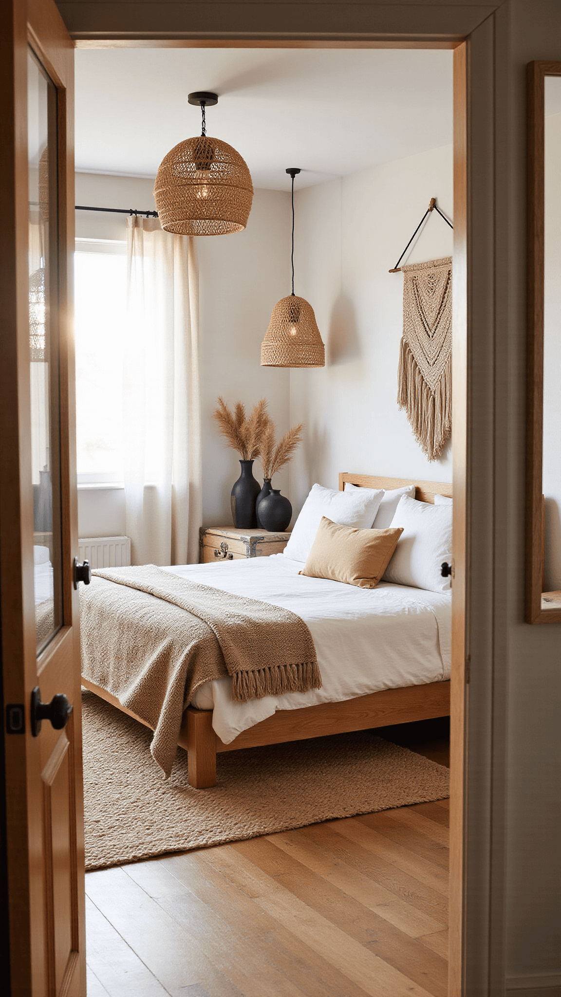 Sunlit cozy bedroom featuring a low oak platform bed, rattan pendant lights, chunky throw blankets, jute rug, macramé wall decor, and warm earthy tones.