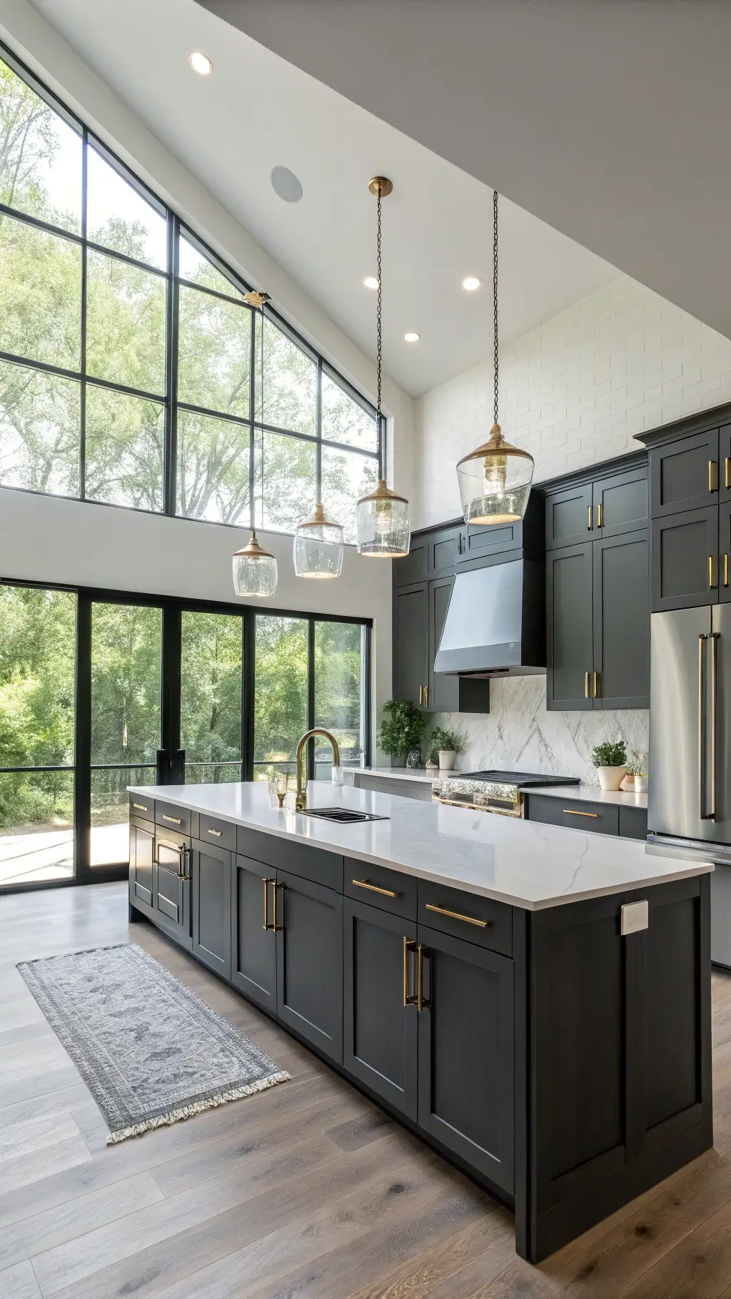 Spacious Luxury Kitchen with Matte Charcoal Cabinets, White Quartz Countertops, and Brass Accents