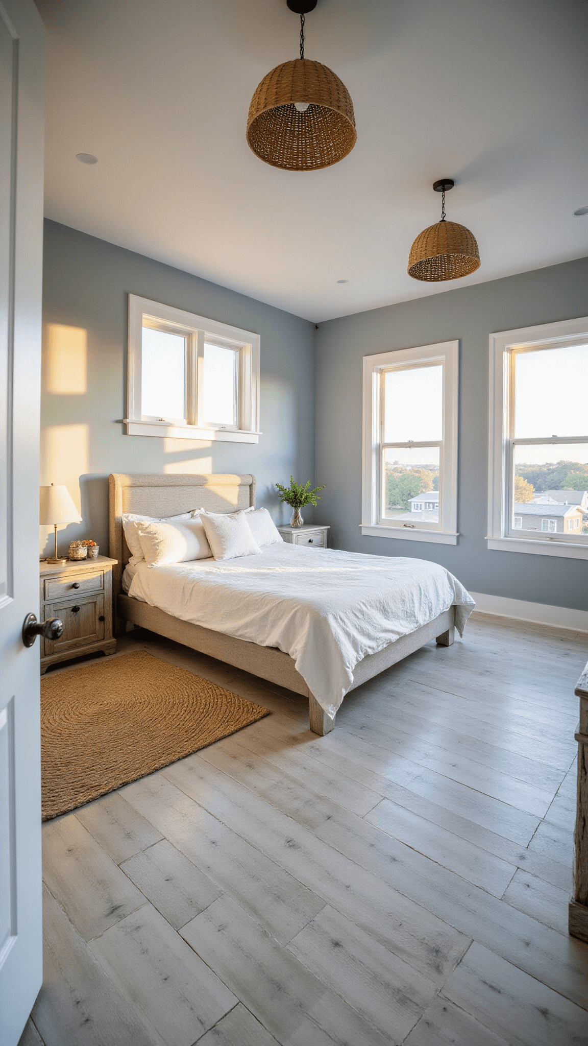 Coastal bedroom with king bed, ivory linen bedding, driftwood nightstands, and rattan pendant lights, bathed in golden hour light through floor-to-ceiling western windows.