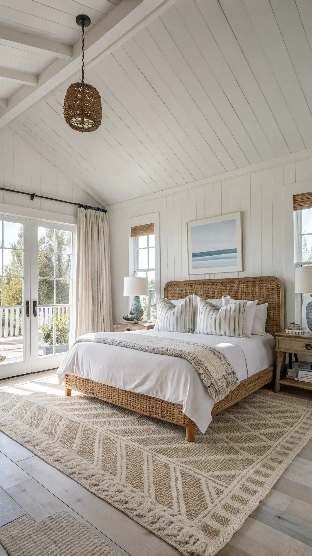 Bright coastal bedroom with natural light flooding through large windows, featuring a rattan king-size bed, white shiplap walls, layered tribal-pattern jute rugs, driftwood side tables, and sea glass accents.