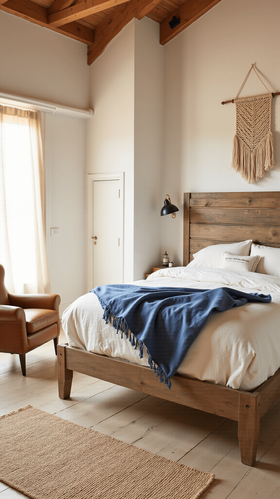 Bright bedroom with vaulted ceiling, exposed beams, king-sized bed dressed in cream and denim linens, jute rug on whitewashed floors, vintage leather chair, macramé wall art, and large window with sheer curtains.
