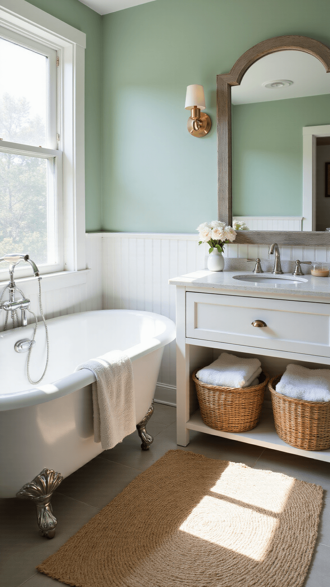 Coastal bathroom with seafoam green walls, clawfoot tub, white vanity, and natural light streaming through frosted window.