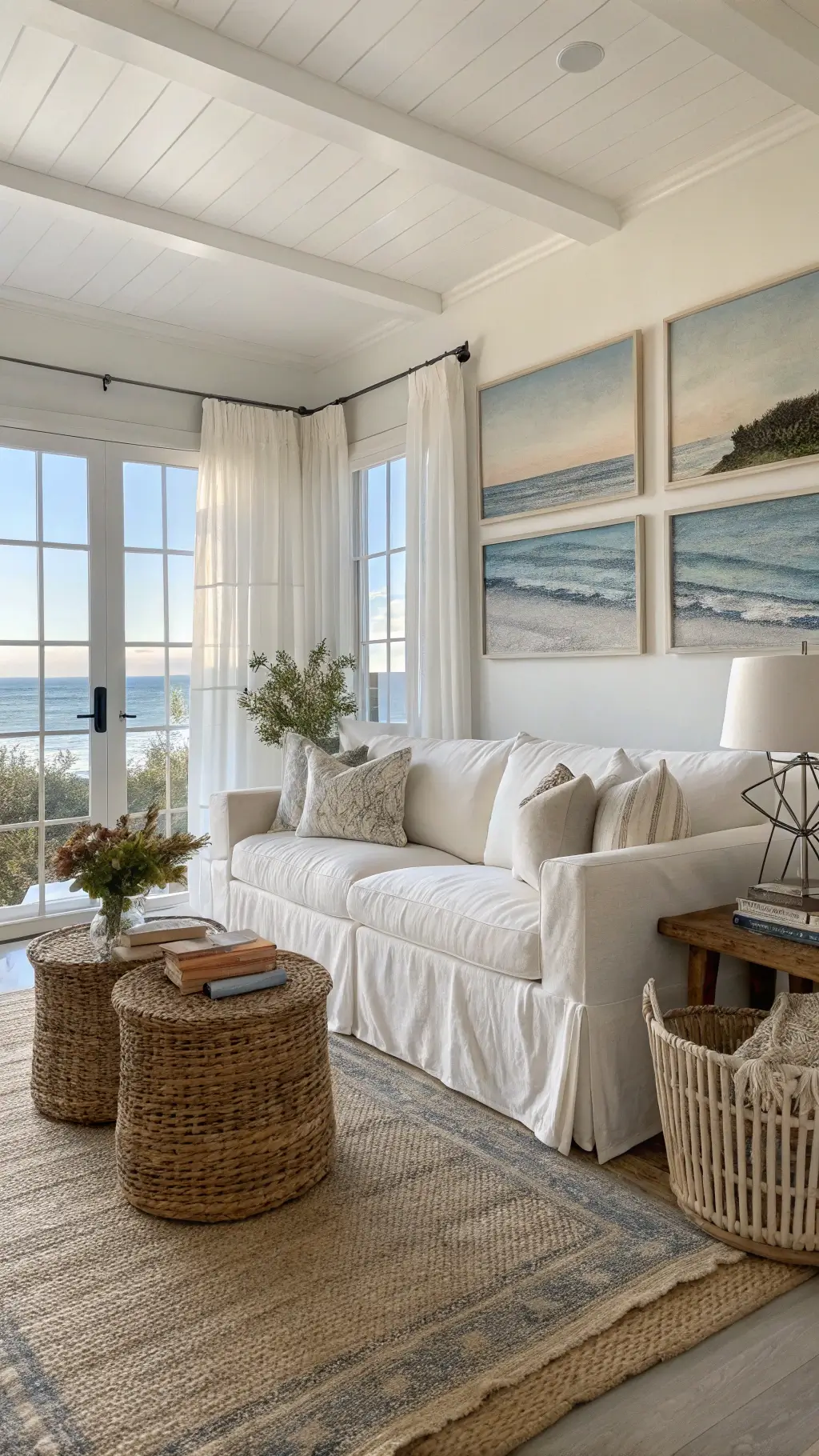 Sun-drenched coastal living room with expansive windows and sheer curtains. Cream slipcovered sofa on a jute rug, driftwood side tables, rattan baskets, mercury glass accents, and coral decor. Abstract seascape art in blues and grays adorns the wall, with natural light enhancing seafoam, sand, pale blue, and white tones.