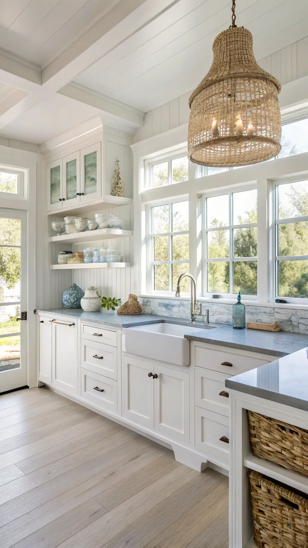 Bright coastal kitchen with white shaker cabinets, blue-grey countertops, rattan pendant light, and large sunlit windows.