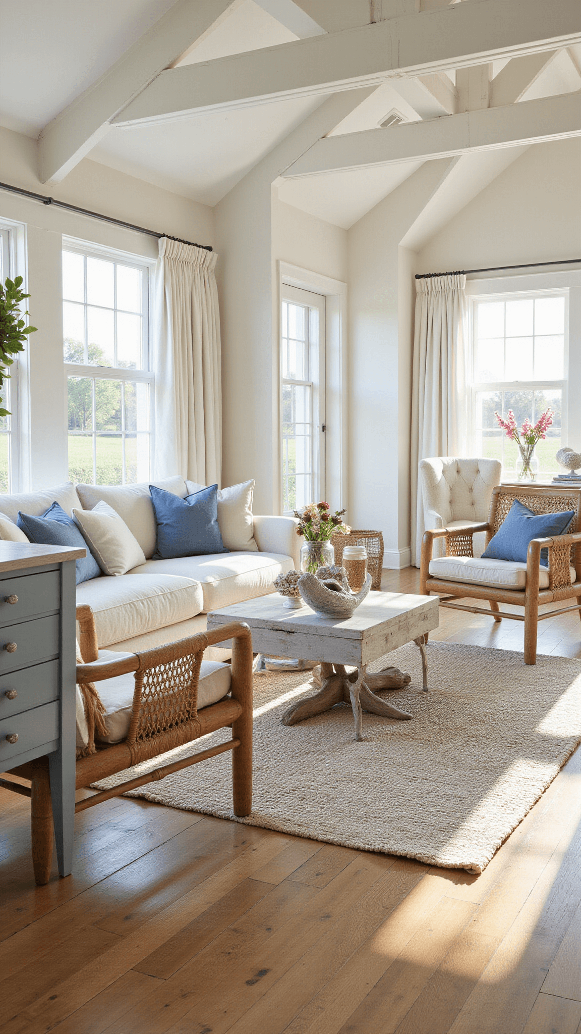 Coastal living room with vaulted ceilings, ivory linen sofa, rattan armchairs, driftwood coffee table on layered natural rugs, and soft golden hour light streaming through west-facing windows.