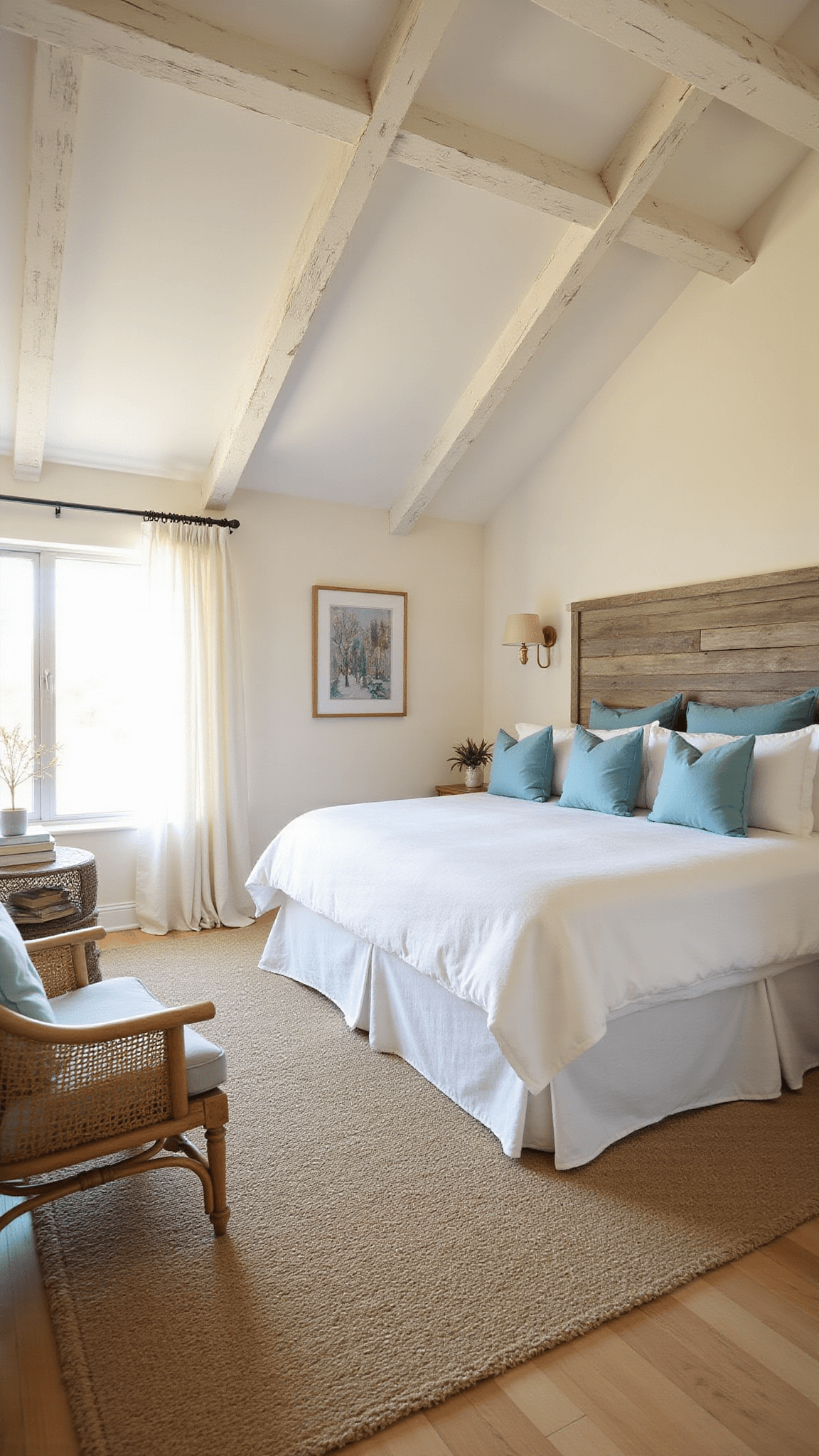 Sun-drenched master bedroom featuring vaulted ceilings, king-sized bed with driftwood headboard, ocean-blue accents, jute rug, and rattan chair during golden hour.
