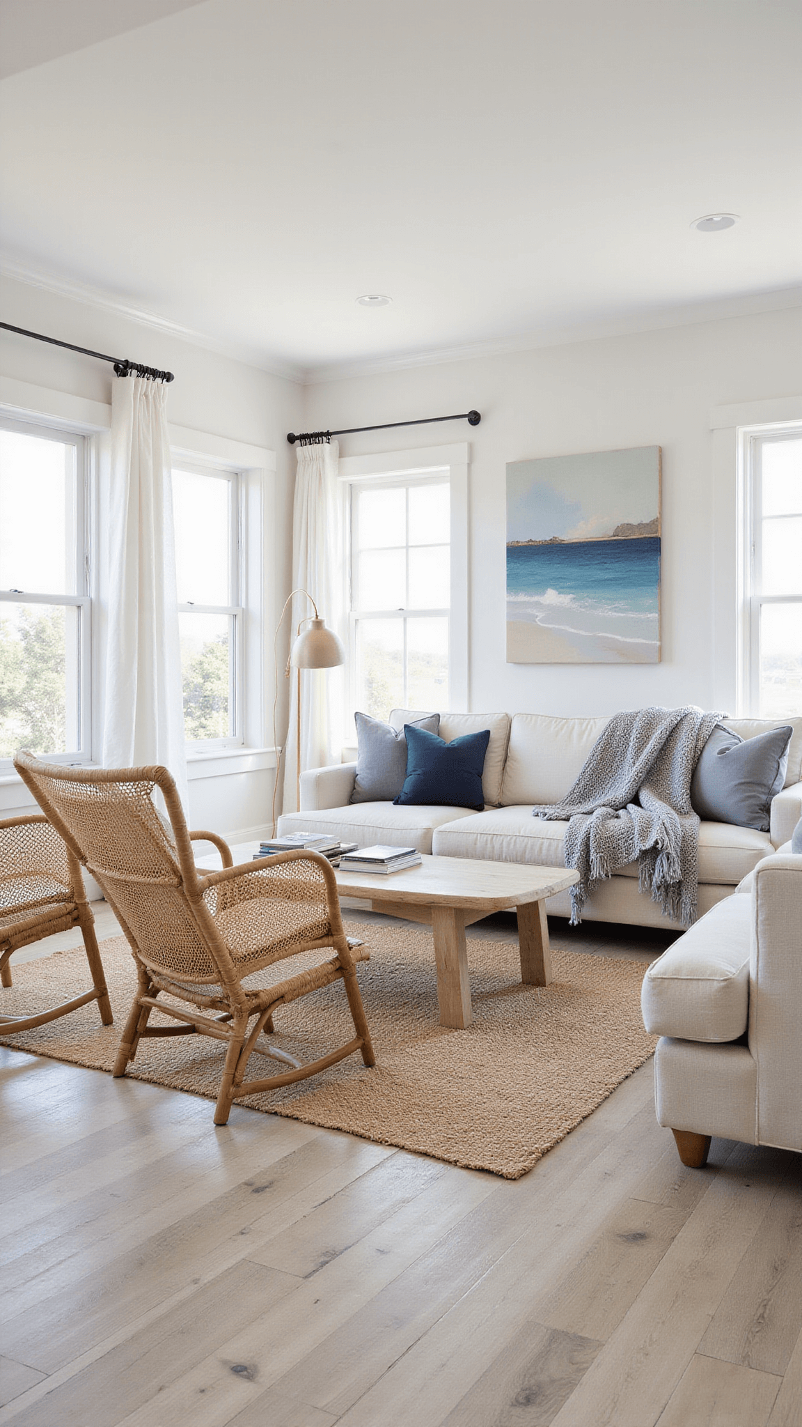 Sunlit coastal living room with cream linen sofa, rattan chairs, layered rugs, and billowing sheer curtains, featuring natural textures and soft abstract art.