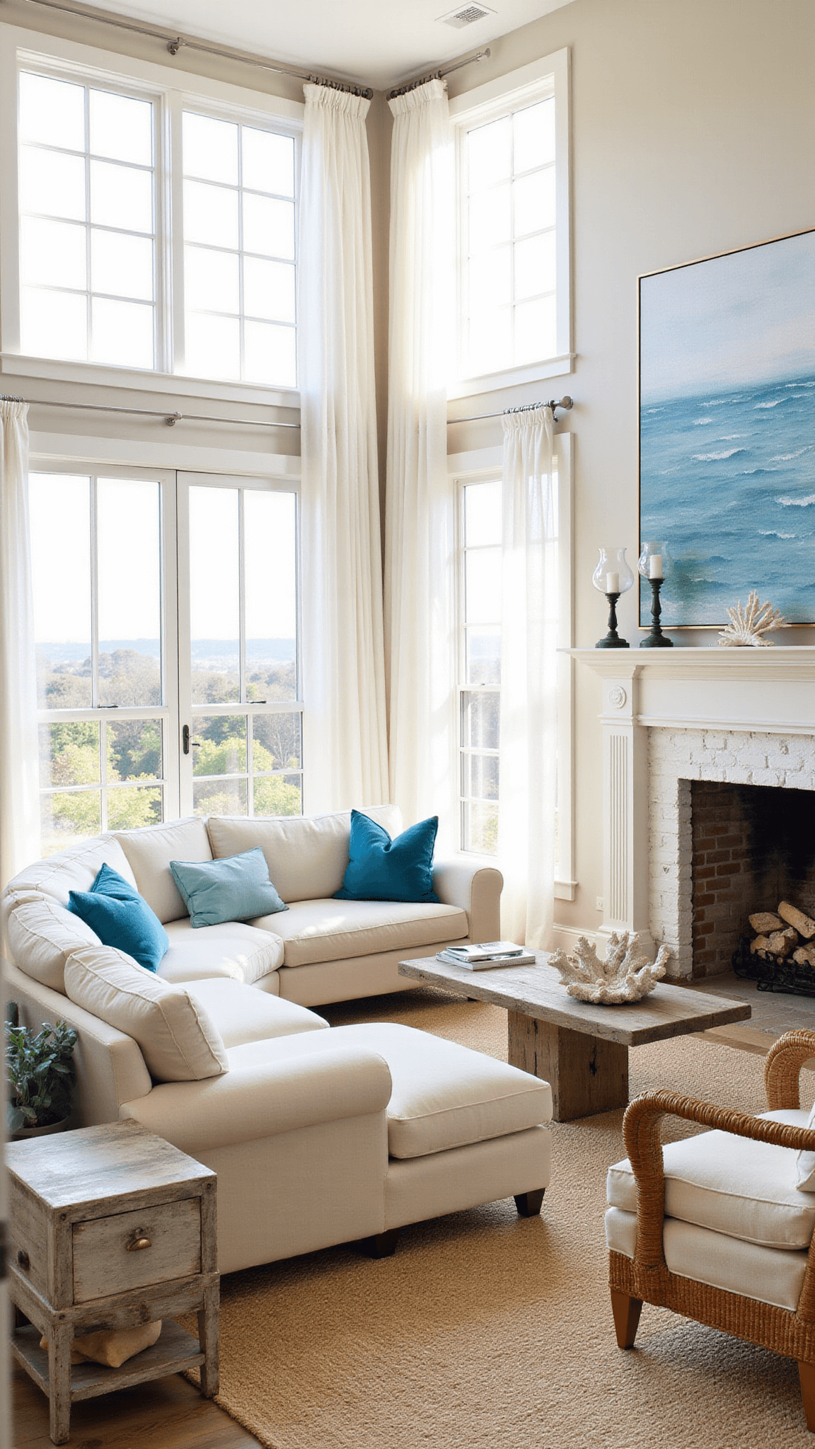 Bright coastal living room featuring cream sofa, driftwood coffee table, rattan chairs, and ocean-themed artwork illuminated by sunlight through large windows.