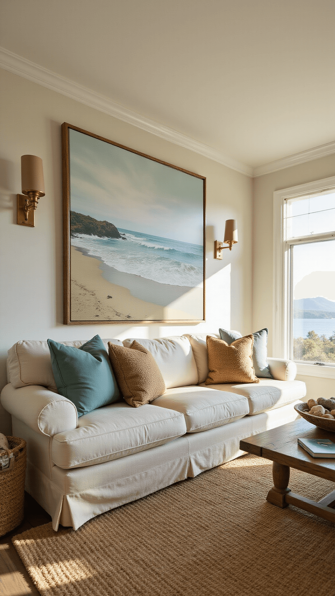 Sunlit coastal living room featuring linen sofa, large ocean artwork, and natural textured decor in navy, seafoam, and cream hues.