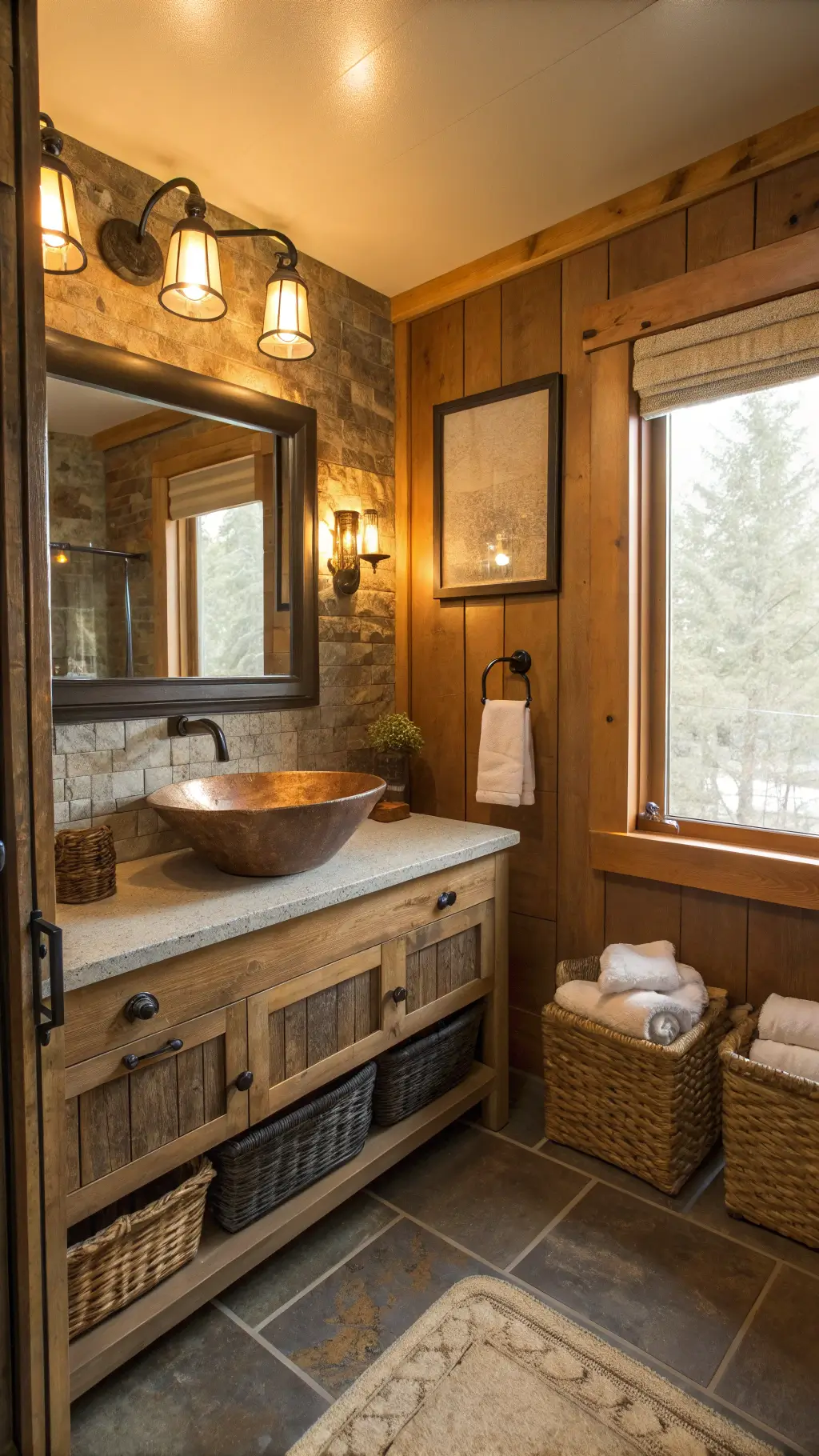 cabin bathroom with warm morning light, reclaimed barn wood vanity, copper sink, corner slate tile shower, wooden framed mirror with LED lighting, decorated with hand towels, woven baskets, and a vintage kilim runner