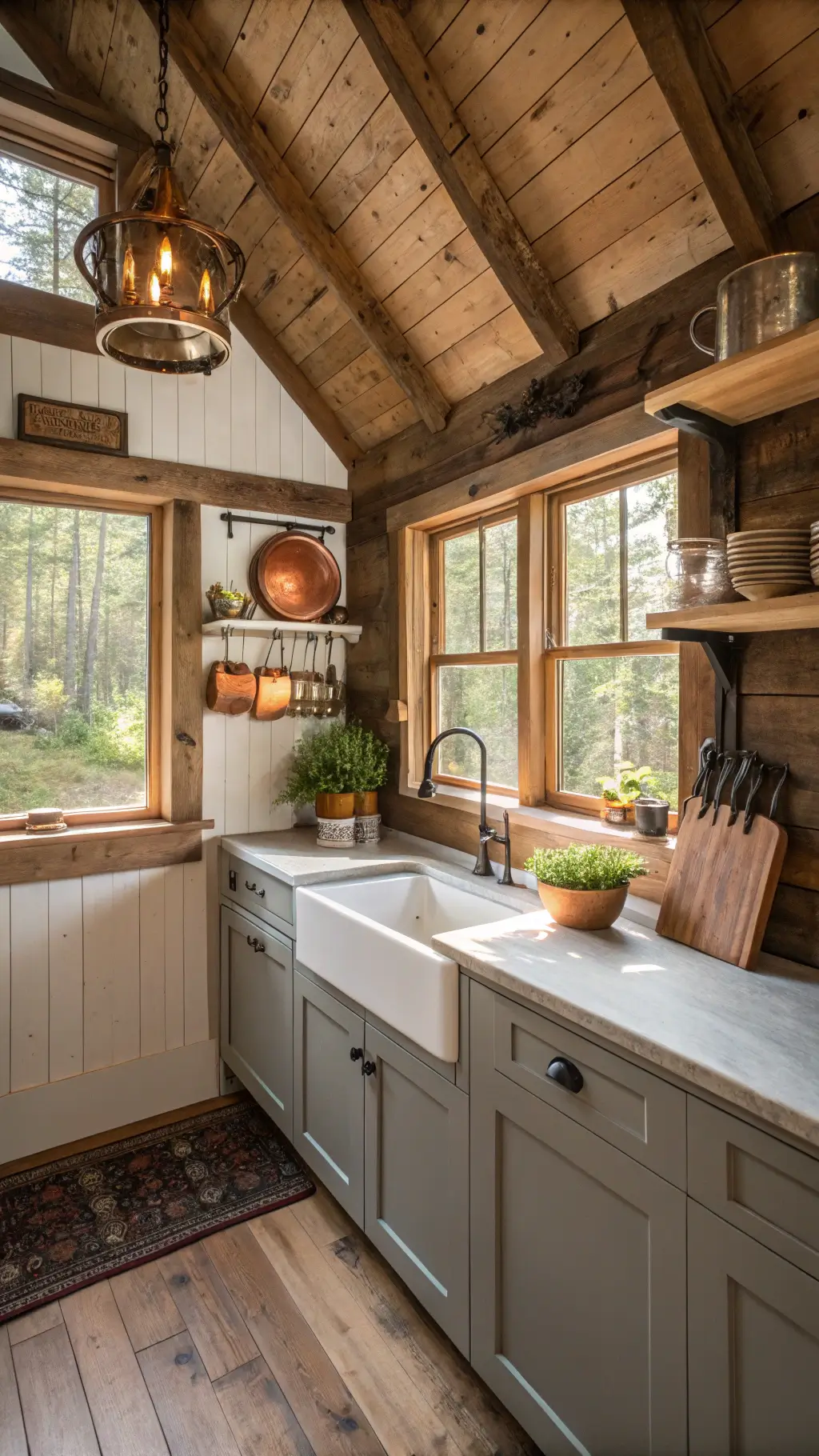 compact cabin kitchen bathed in warm morning sunlight, featuring weathered gray barn wood cabinets, white soapstone countertops, fresh herbs, artisanal pottery on open shelves, and a deep forest green accent wall