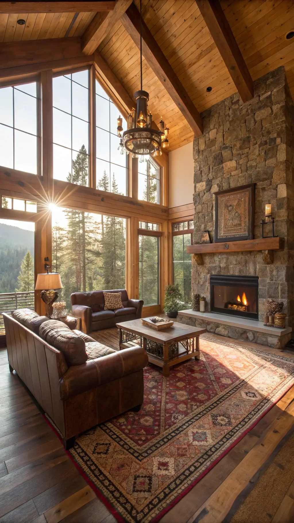 Sunlit mountain cabin living room with exposed cedar beams, floor-to-ceiling west-facing windows, and a stone fireplace.