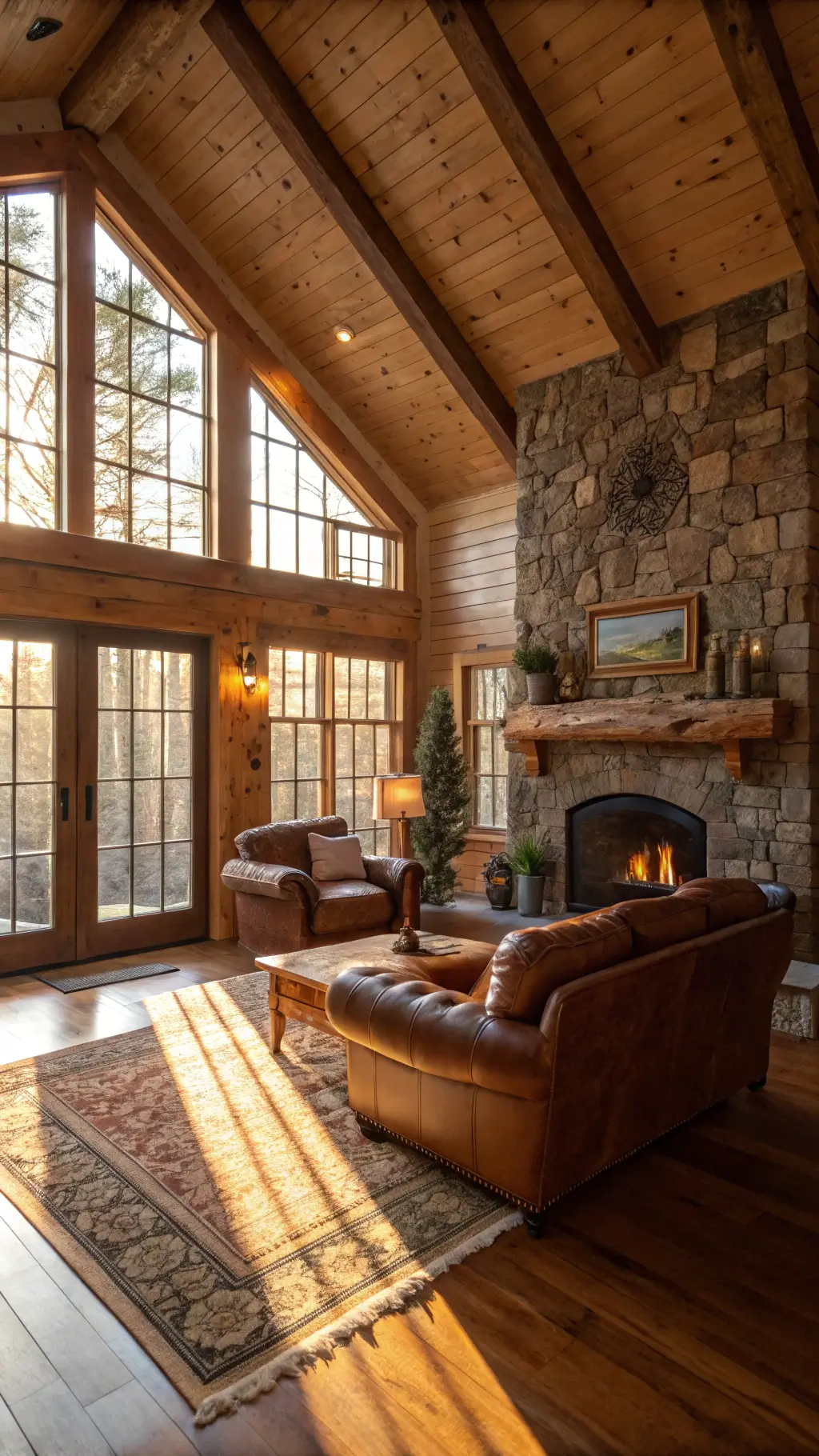 Sunlit cabin living room featuring a stone fireplace, leather seating, layered rugs, and rustic earth-toned decor