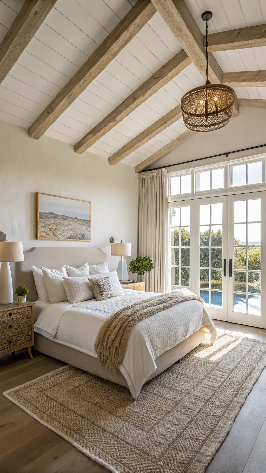 Bright 14x16ft bedroom featuring whitewashed beams, king bed dressed in cream linens, oak nightstands, knitted throws, linen pillows, vintage brass sconces, and a handwoven jute rug.
