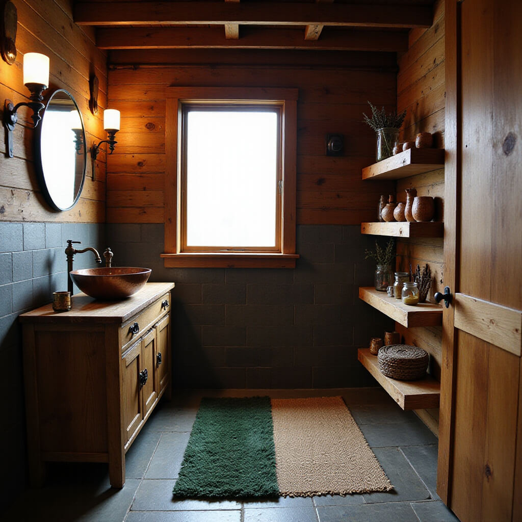 Inviting cabin bathroom with copper basin, slate tile walls, warm sunlight, rustic wood details, vintage lighting, and textured accents.