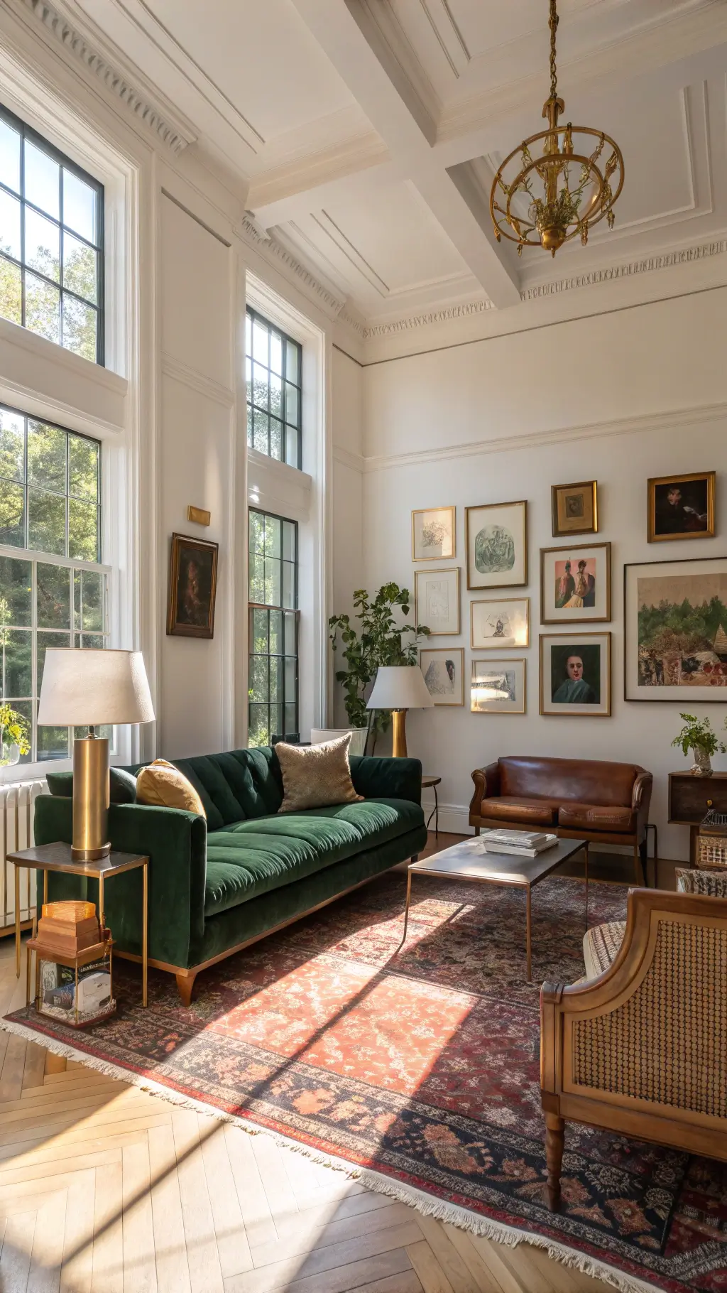 eclectic living room bathed in golden afternoon light, with emerald velvet sofa, vintage leather armchairs, persian rug, and gallery wall of varied artwork. space also features brass, rattan, mid-century elements as well collected global artifacts.