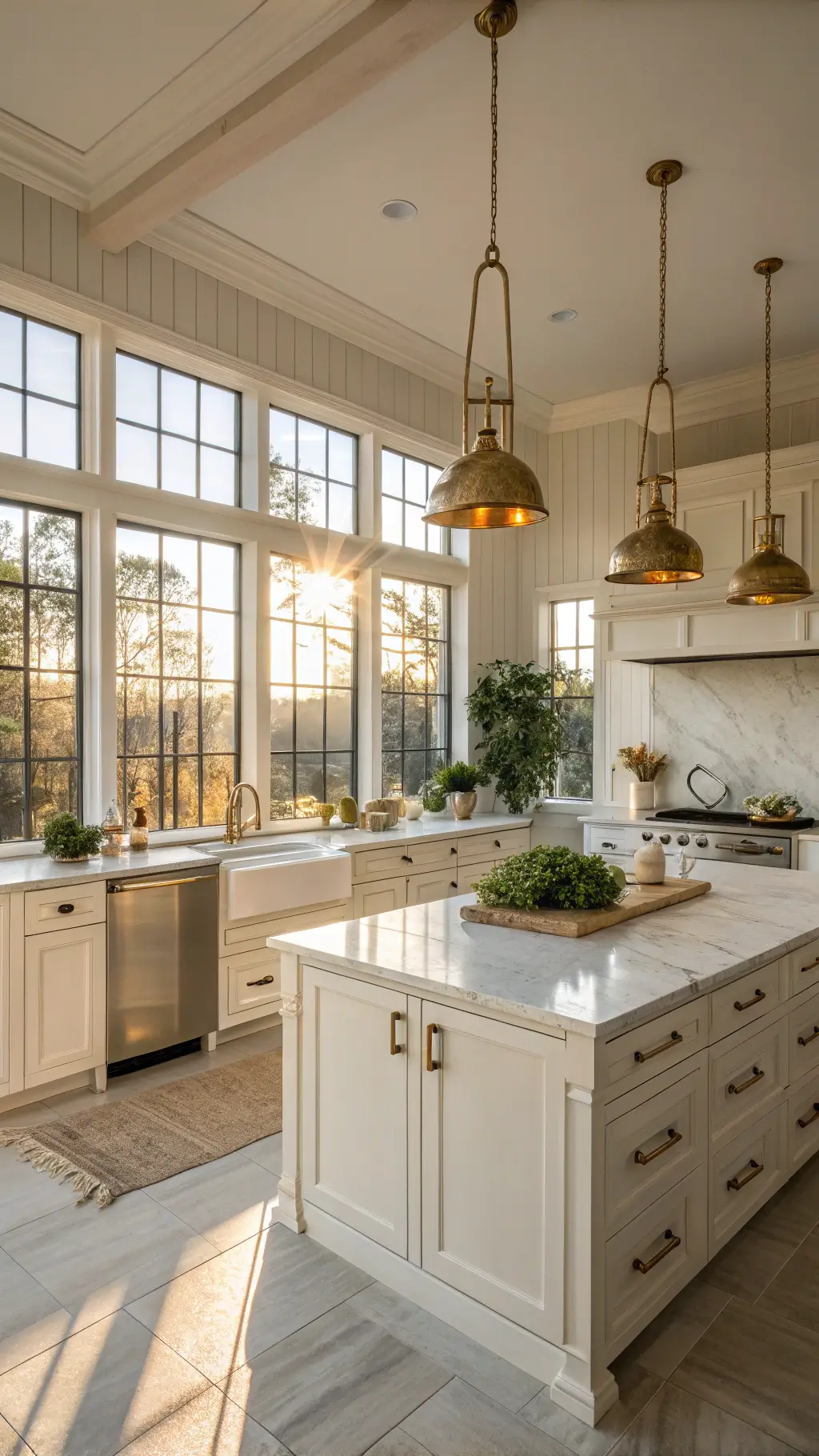 Sun-drenched kitchen featuring tall cream shaker cabinets, brass hardware, marble countertops, and artisanal accents, captured from a low perspective during golden hour.