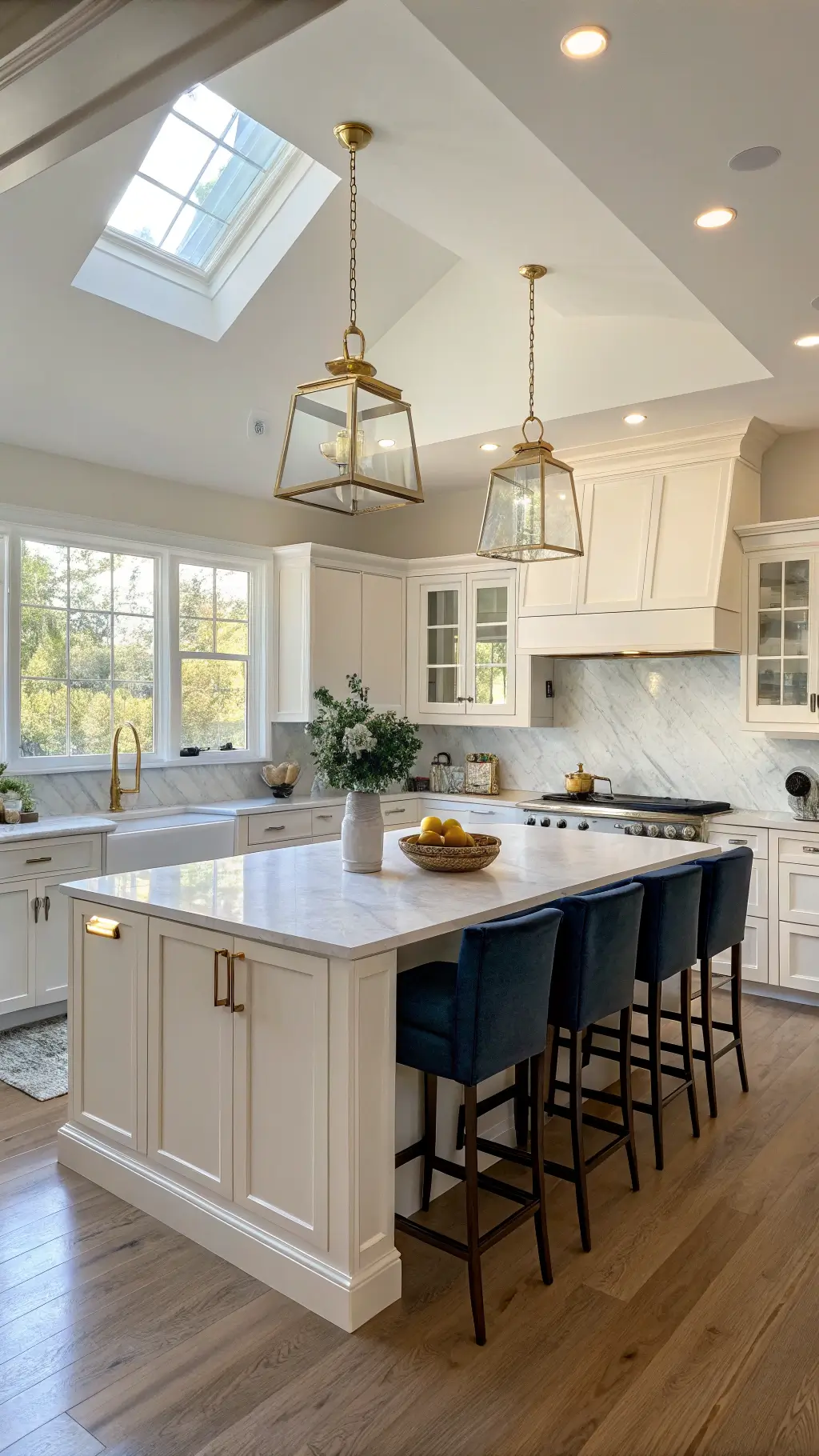 Bright kitchen featuring cream shaker cabinets, quartz countertops with marble veining, and white oak floors. The central island is paired with navy velvet stools and vintage brass pendant lighting. Copper cookware and terracotta pots with herbs add character, while sheer linen curtains soften the sunlight.