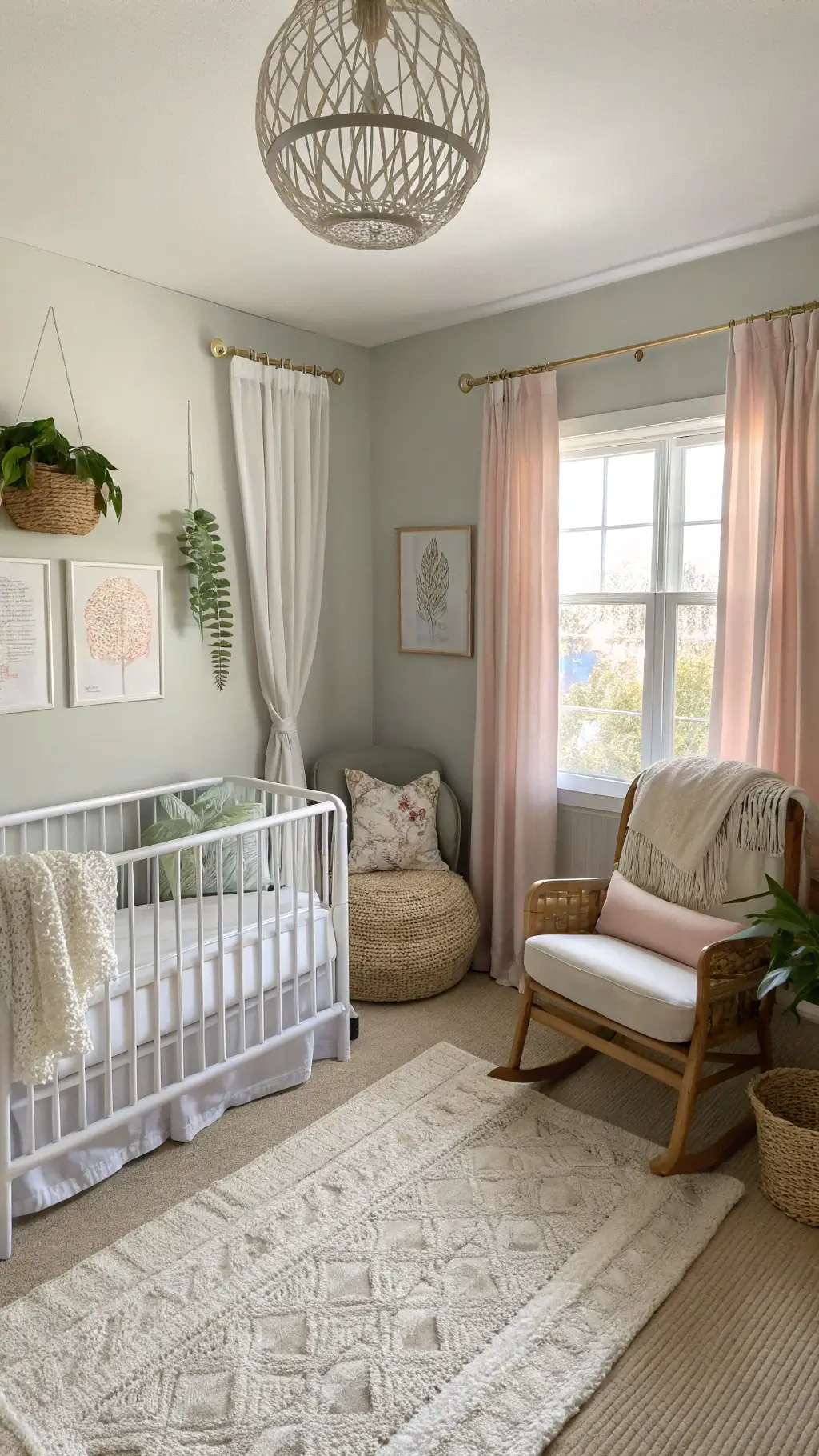 Peaceful nursery bathed in soft morning light featuring a distressed white metal crib against a muted dove gray wall. Sheer curtains in cream and soft peach gently diffuse sunlight. A sleek walnut rocking chair with plush beige cushions is positioned nearby. A delicate glass pendant light creates subtle shadows, while a cozy ivory rug and minimalist Scandinavian furnishings add warmth. Botanical prints in soft sage hues complement textured throws, velvet pillows, and woven baskets for storage.