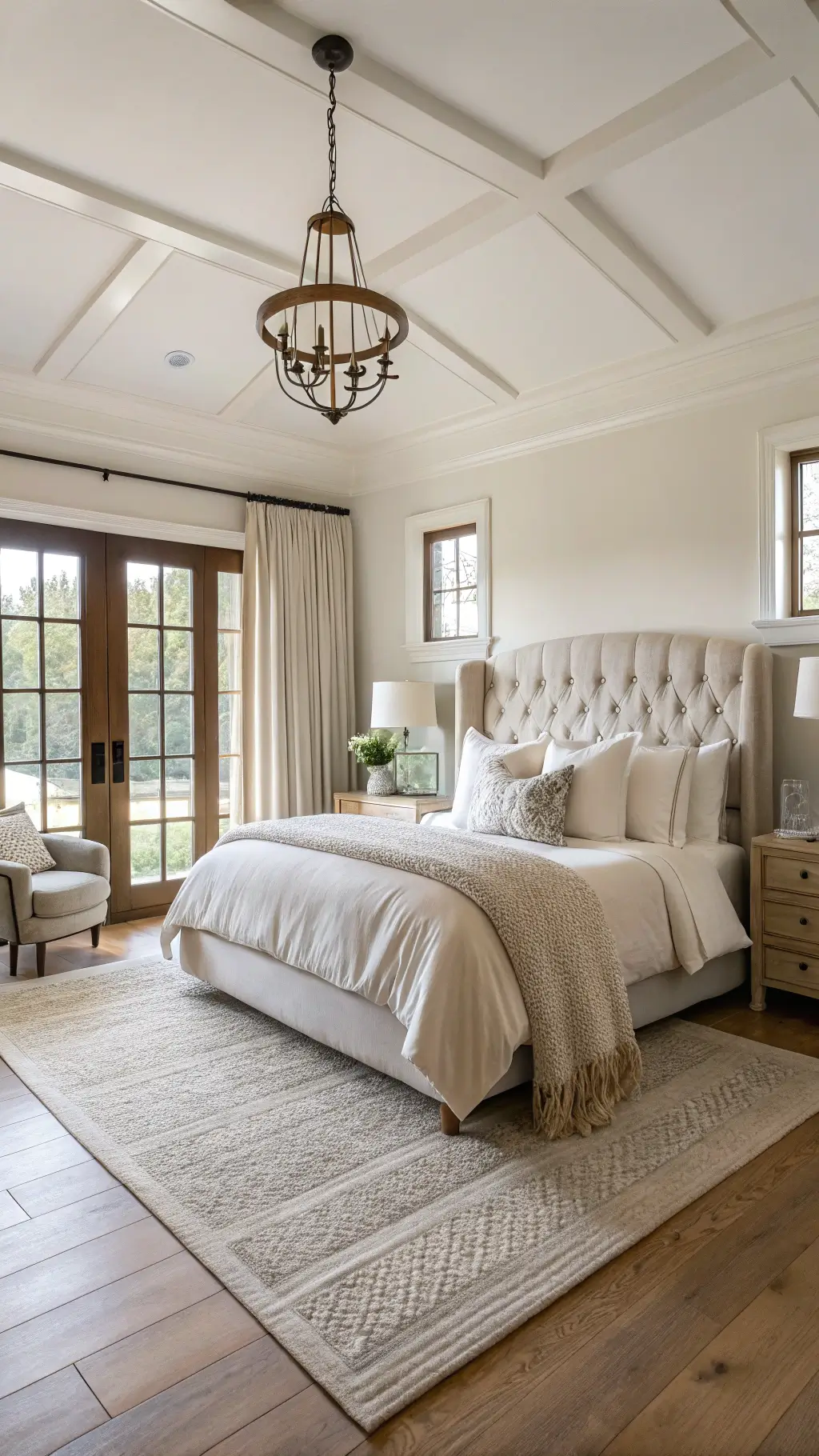 Tranquil bedroom featuring a cream upholstered king bed with layered linen bedding, rustic oak nightstands, and soft natural light pouring through large windows. A chunky ivory wool throw adorns a gray reading chair, complemented by a jute rug over hardwood floors, vintage brass mirror, and monochrome photography on soft Swiss Coffee walls.