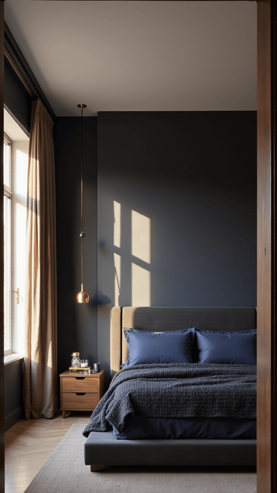 Modern 14x16ft bedroom with navy-black walls, king platform bed, velvet headboard, golden hour light through tall windows, and brass pendant lights over walnut nightstands.