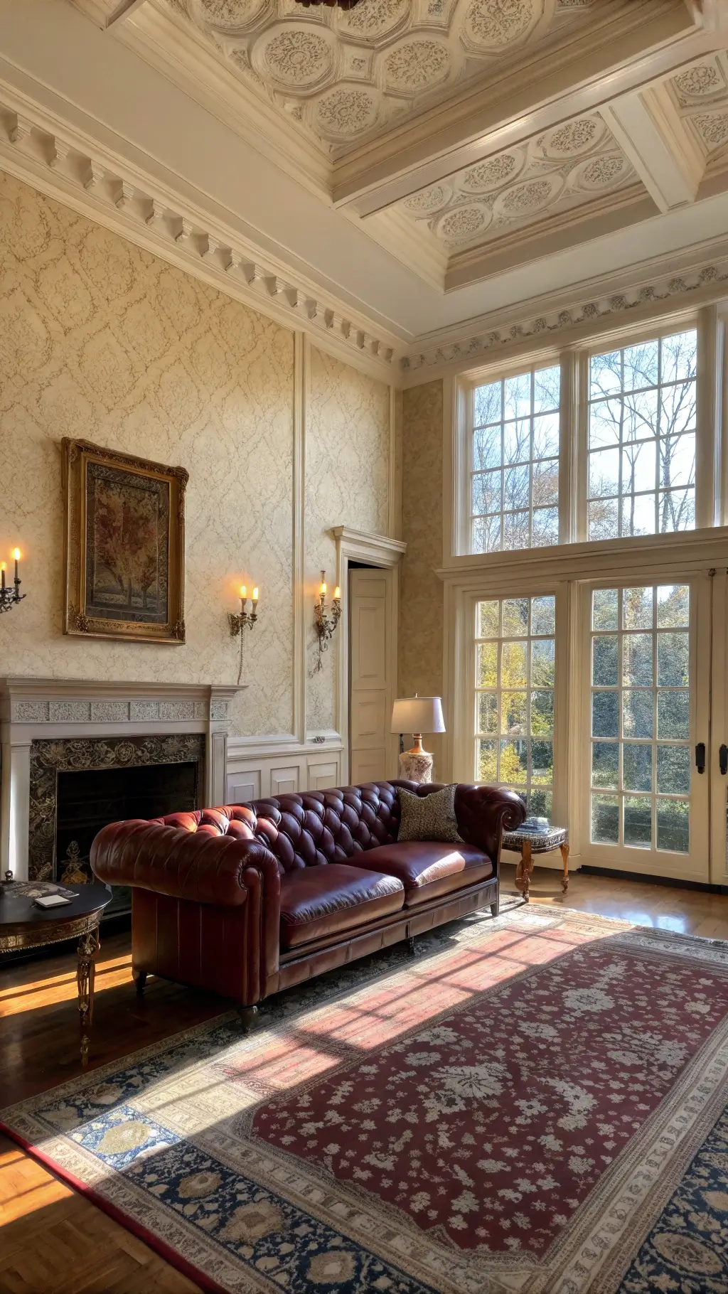 Sophisticated 1930s lounge featuring a deep burgundy Chesterfield sofa, Persian carpet, antique mahogany side tables, and brass Art Deco floor lamps. Sunlight filters through expansive windows, illuminating textured cream wallpaper and an ornate fireplace mantel.