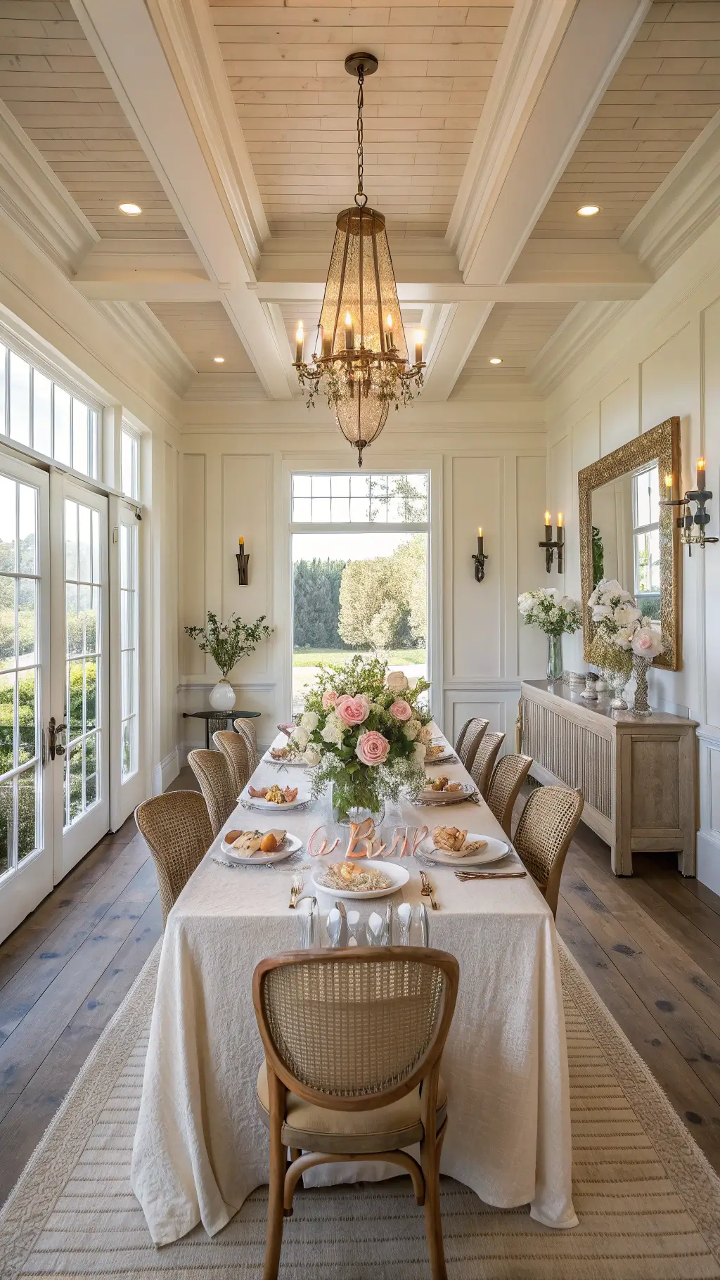 dining room with boho bunny themed table setting during golden hour, highlighted by natural backlighting, featuring a farmhouse table, ceramic plates, brass cutlery, and floral centerpiece in terracotta vessel.