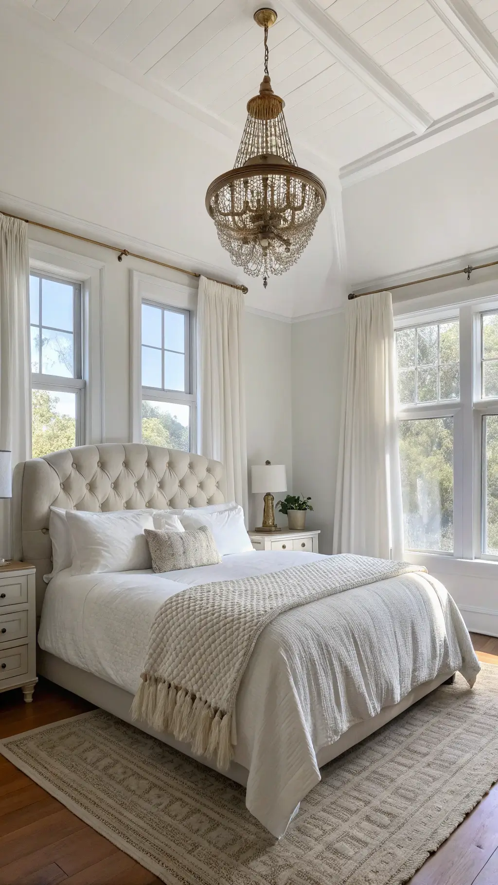 Sunlit white bedroom with a king-size bed, tufted ivory headboard, and layered white bedding. Large bay windows with sheer linen curtains filter morning light. A vintage brass chandelier hangs above, with floating oak shelves on matte white walls. Soft natural lighting enhances the serene space.