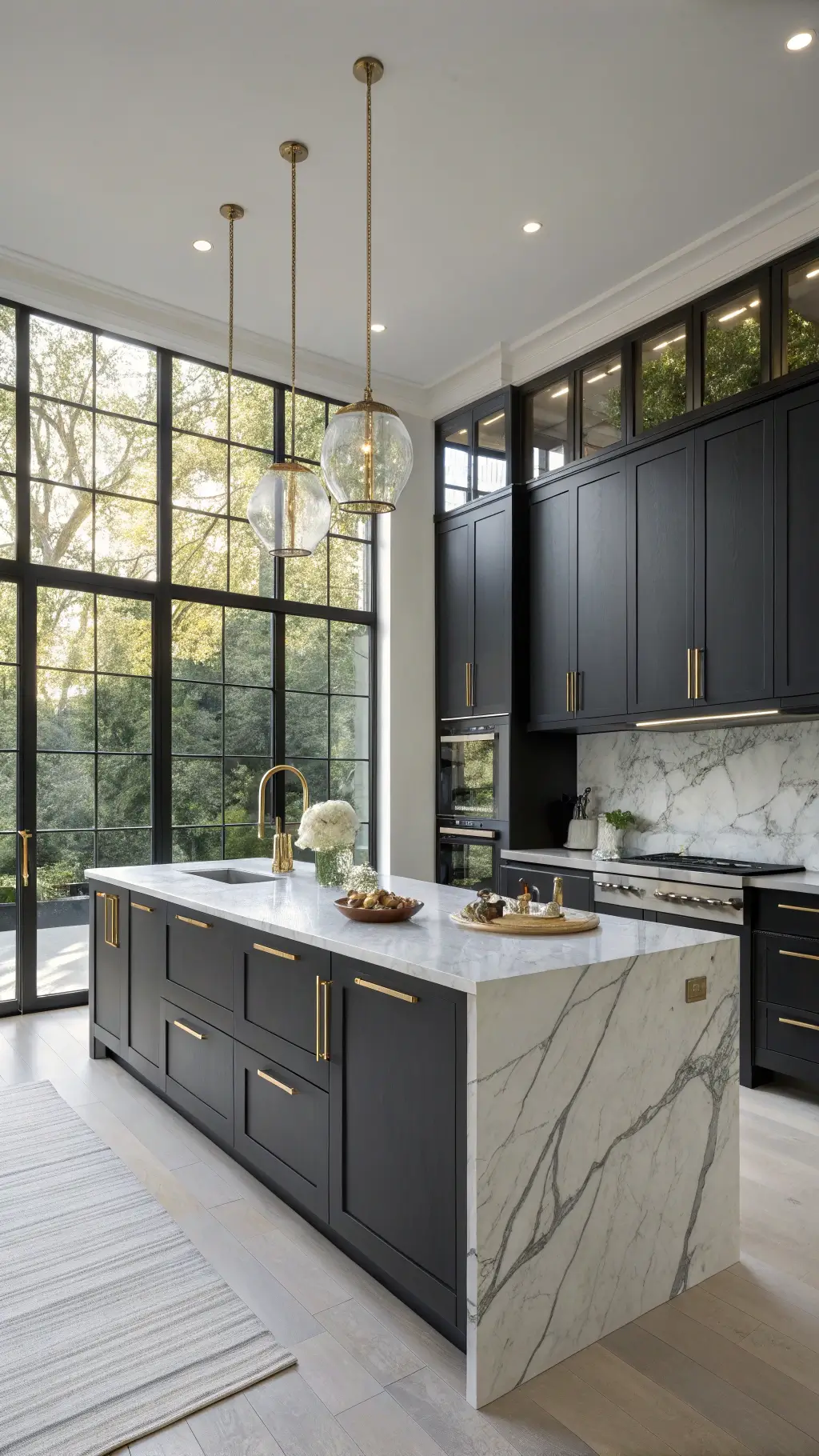 sleek kitchen featuring dark cabinetry, Carrara marble island, and brass fixtures bathed in warm afternoon light with layered illumination