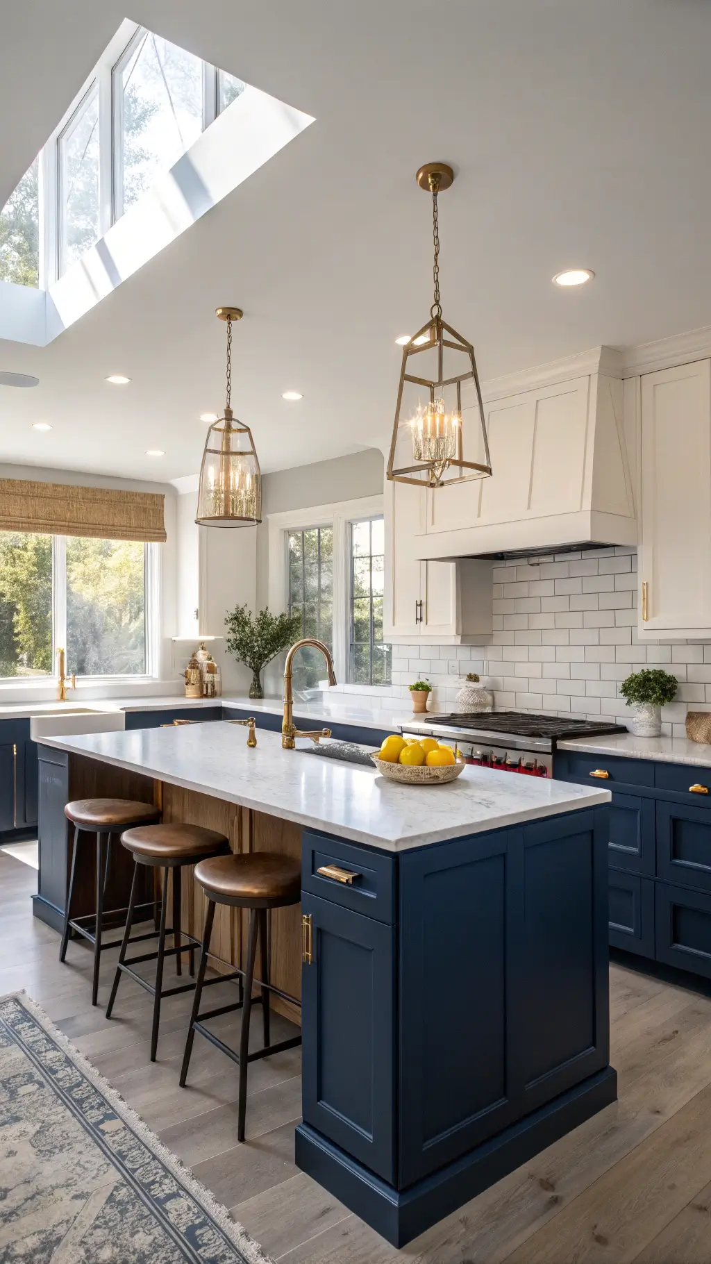 Contemporary kitchen with navy blue shaker cabinets, white quartz countertops, brass hardware, waterfall island, and golden hour sunlight streaming through west-facing windows.