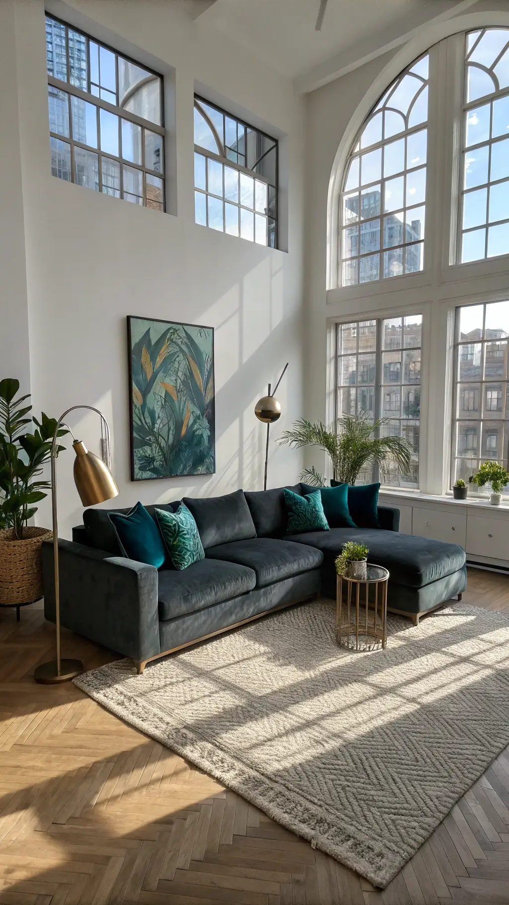 Elegant modern living room featuring a dark grey velvet sectional sofa, jewel-toned cushions, and light oak herringbone flooring illuminated by natural light from floor-to-ceiling windows