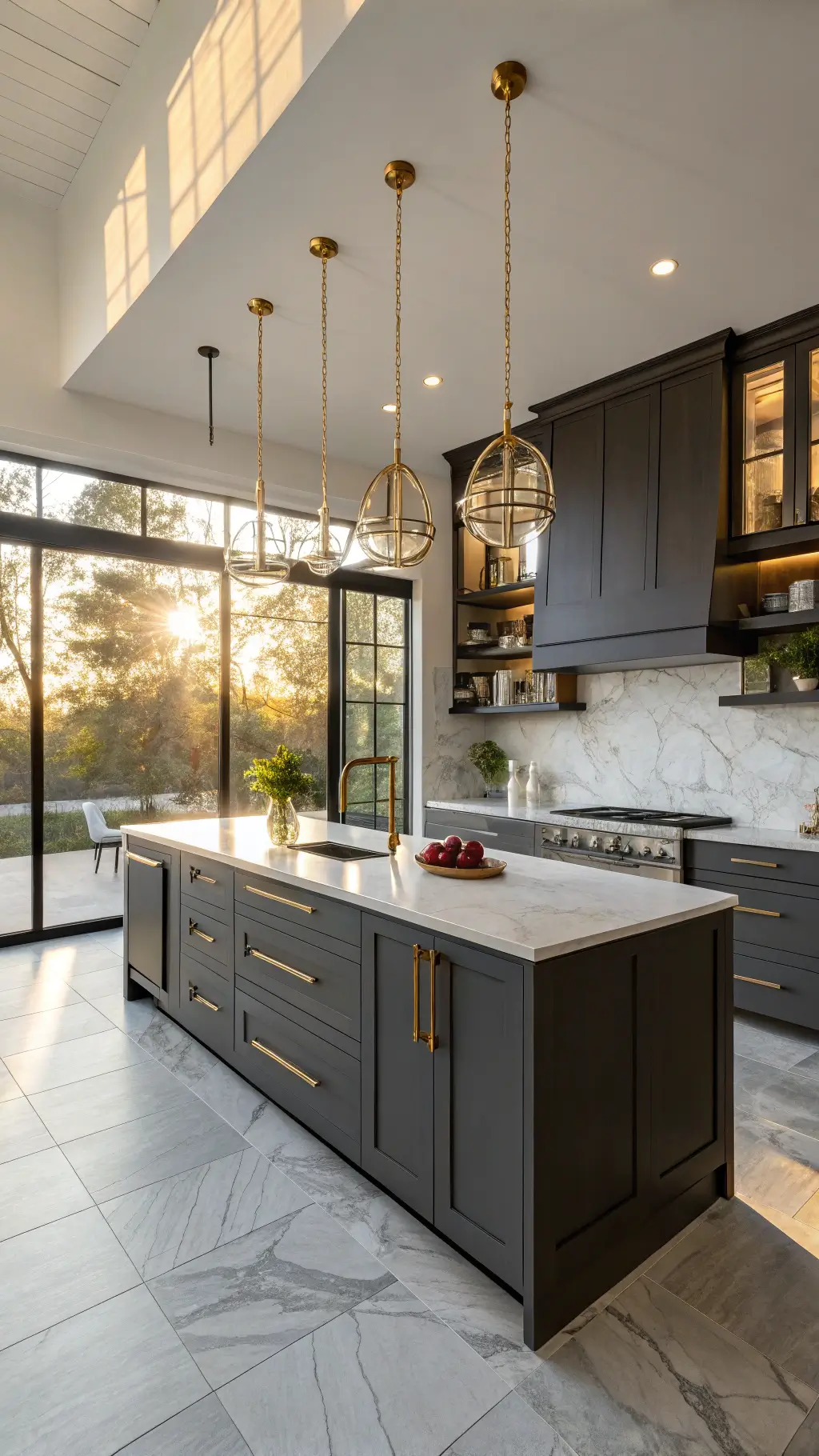 Elegant modern kitchen featuring matte dark grey cabinetry, quartz waterfall countertops, and warm sunlight highlighting a marble island with brushed gold details.