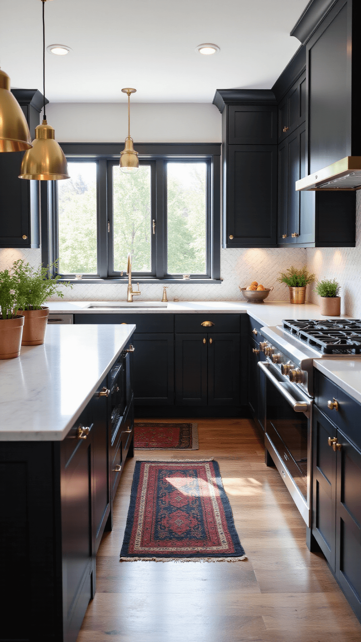 Contemporary kitchen featuring matte black cabinetry, white quartz waterfall island, brass pendant lighting, and herringbone marble backsplash illuminated by natural light through expansive windows.
