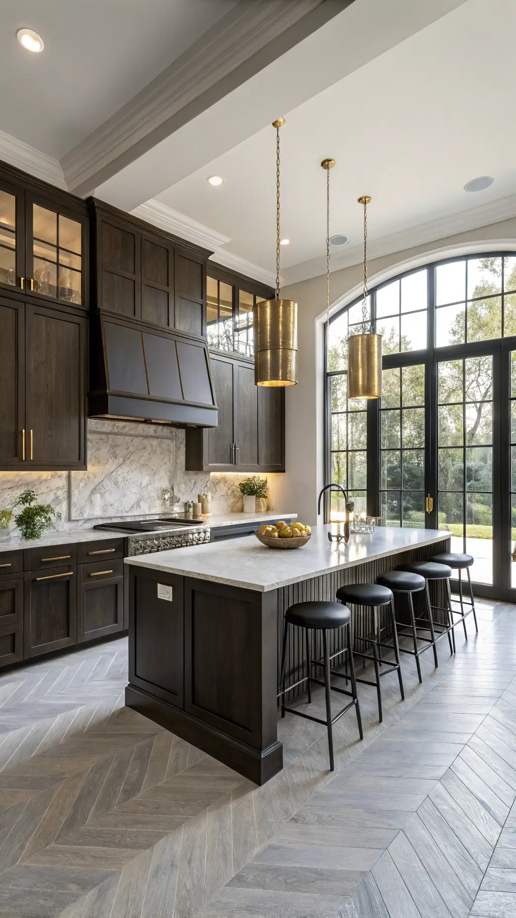 spacious modern kitchen with dark oak cabinets, marble accents, and warm sunlight streaming through large windows