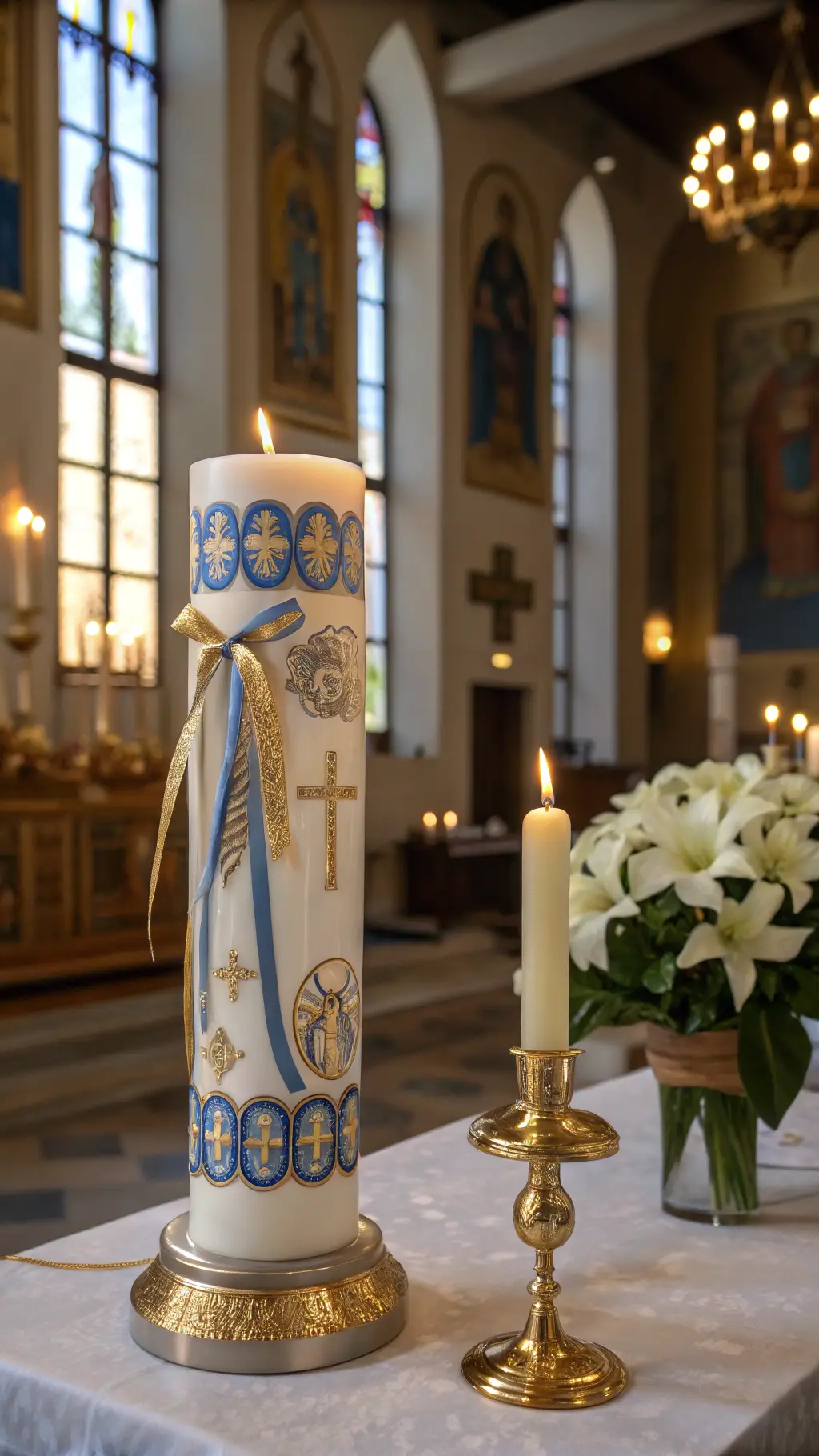 Sunlit Greek Orthodox altar with an ornate Pascha candle, marble fixtures, brass candlesticks, and white lilies; stained glass windows cast warm reflections on the scene.
