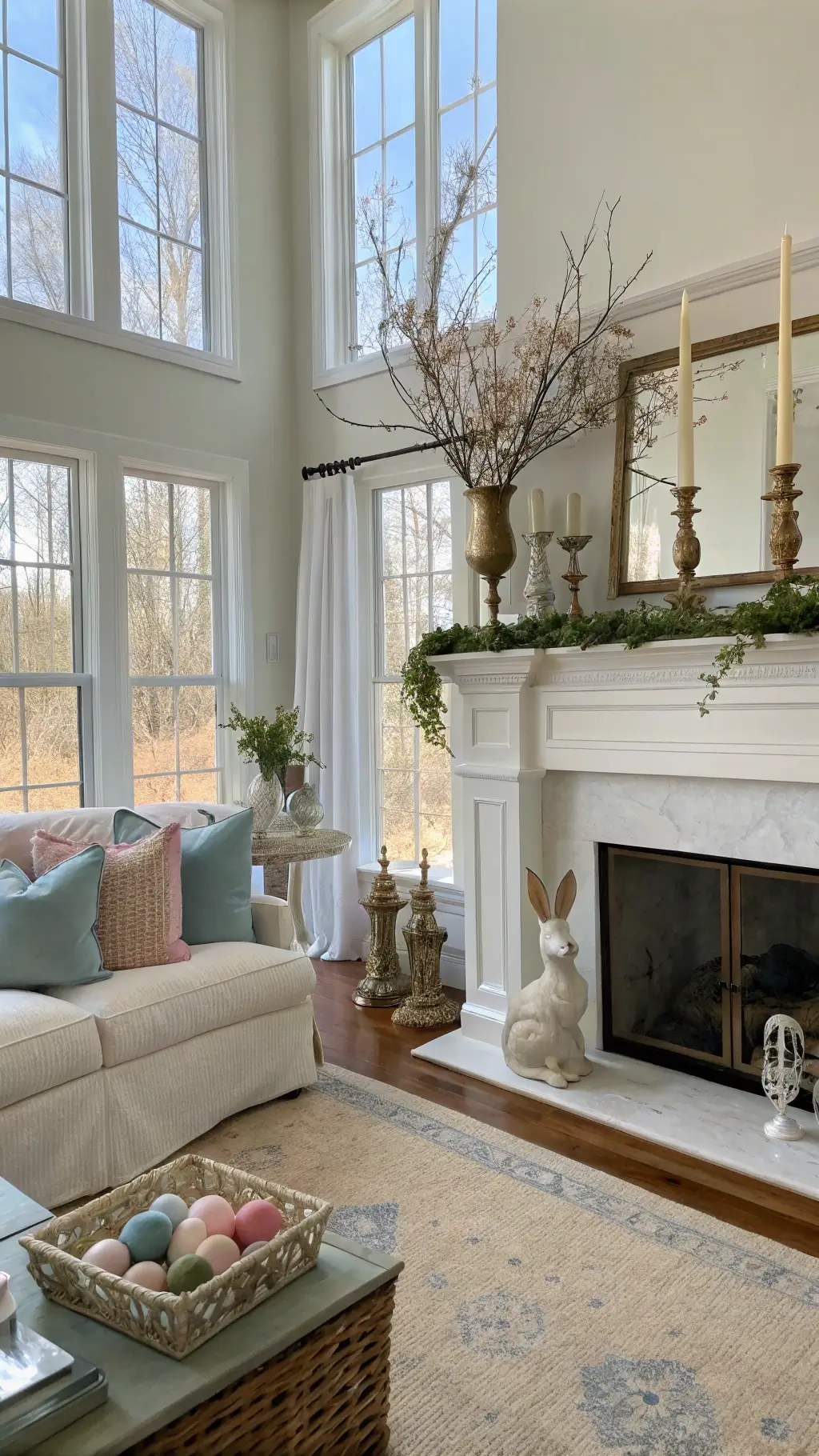 Sunlit living room with bay windows, white mantel decorated with vintage ceramic bunny, brass candlesticks, moss-covered eggs, and cherry blossoms. Cream linen sofa with robin's egg blue pillows bathed in morning light.