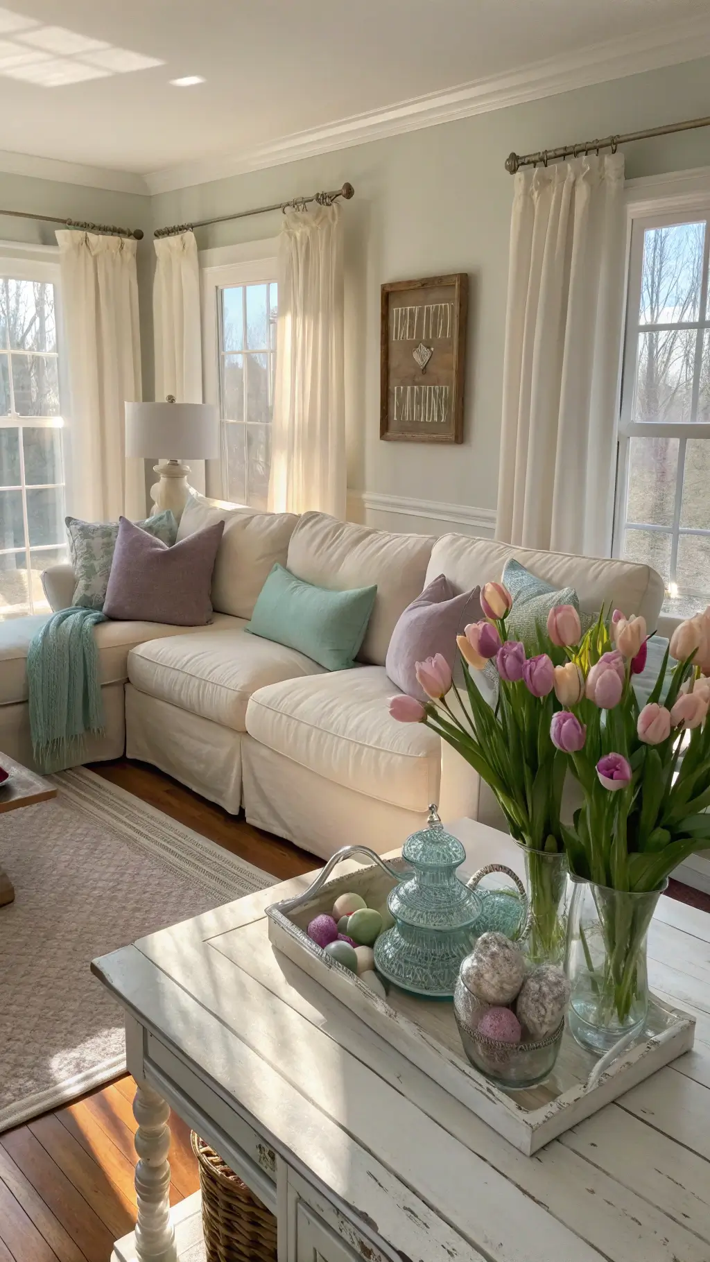 Bright, airy living room featuring a cream sectional sofa, pastel cushions, Easter-themed accents on a white console, and sheer linen curtains filtering natural sunlight