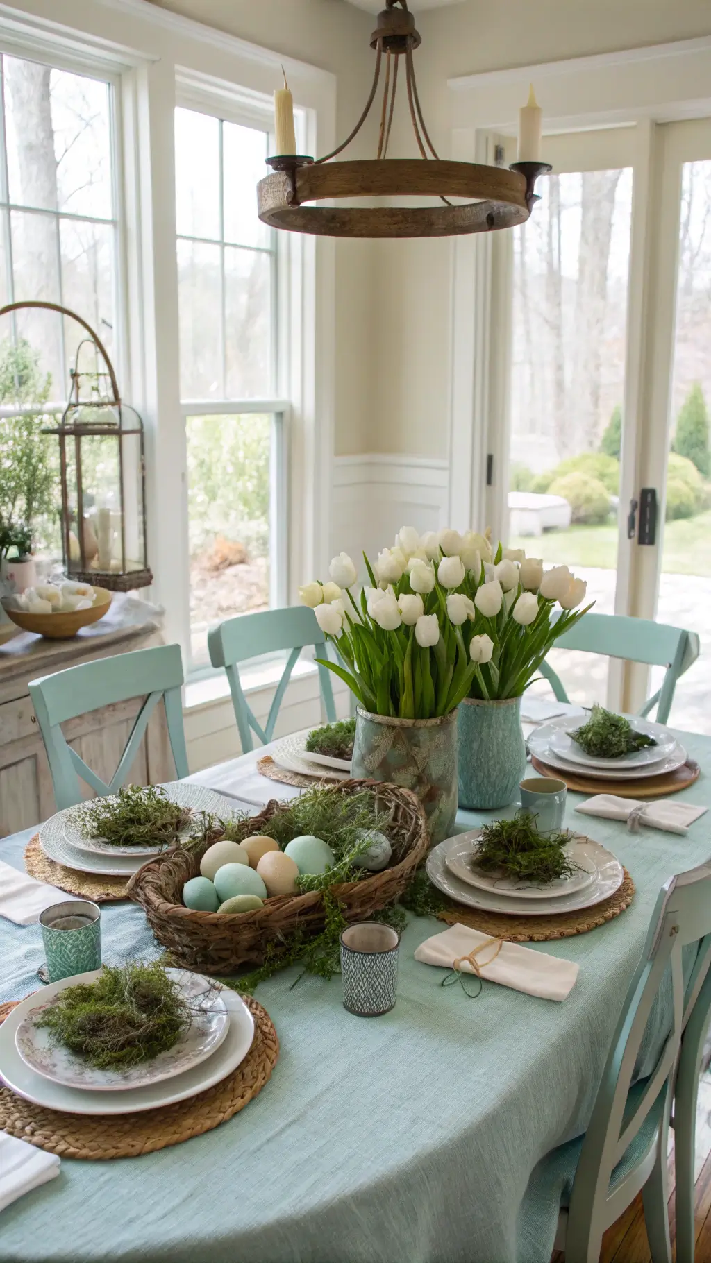 Elegant dining room with pastel-themed Easter centerpiece featuring speckled eggs, fresh flowers, and moss accents