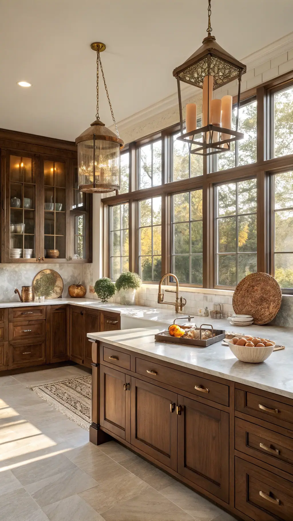 Bright kitchen featuring walnut cabinets, cream marble countertops, brass fixtures, copper cookware, and amber pendant lighting, illuminated by natural sunlight.