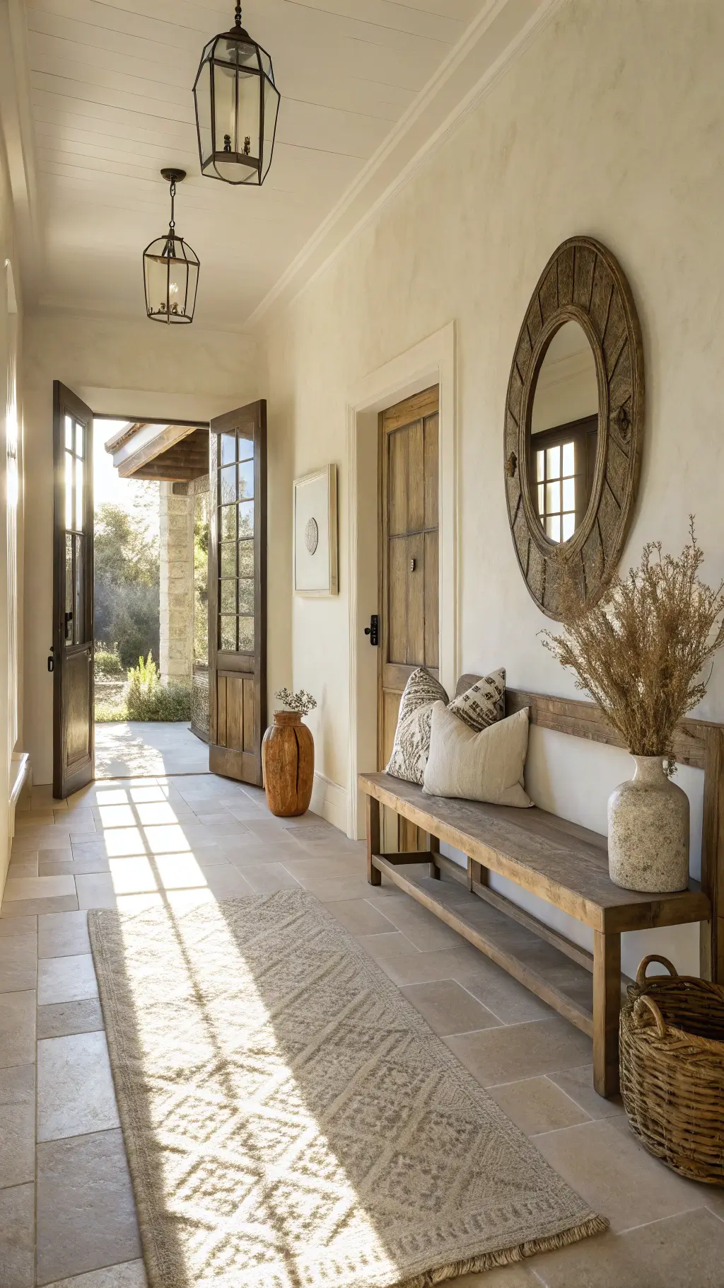 sunlit entryway with limestone floor, whitewashed walls, weathered oak bench, linen throw, brass mirror, ceramic vessels, jute runner, and dried pampas grass in a basket
