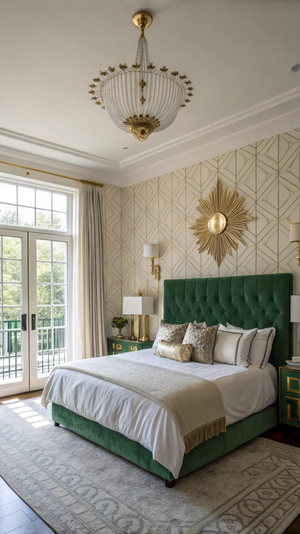 spacious bedroom with emerald velvet headboard and gold accents